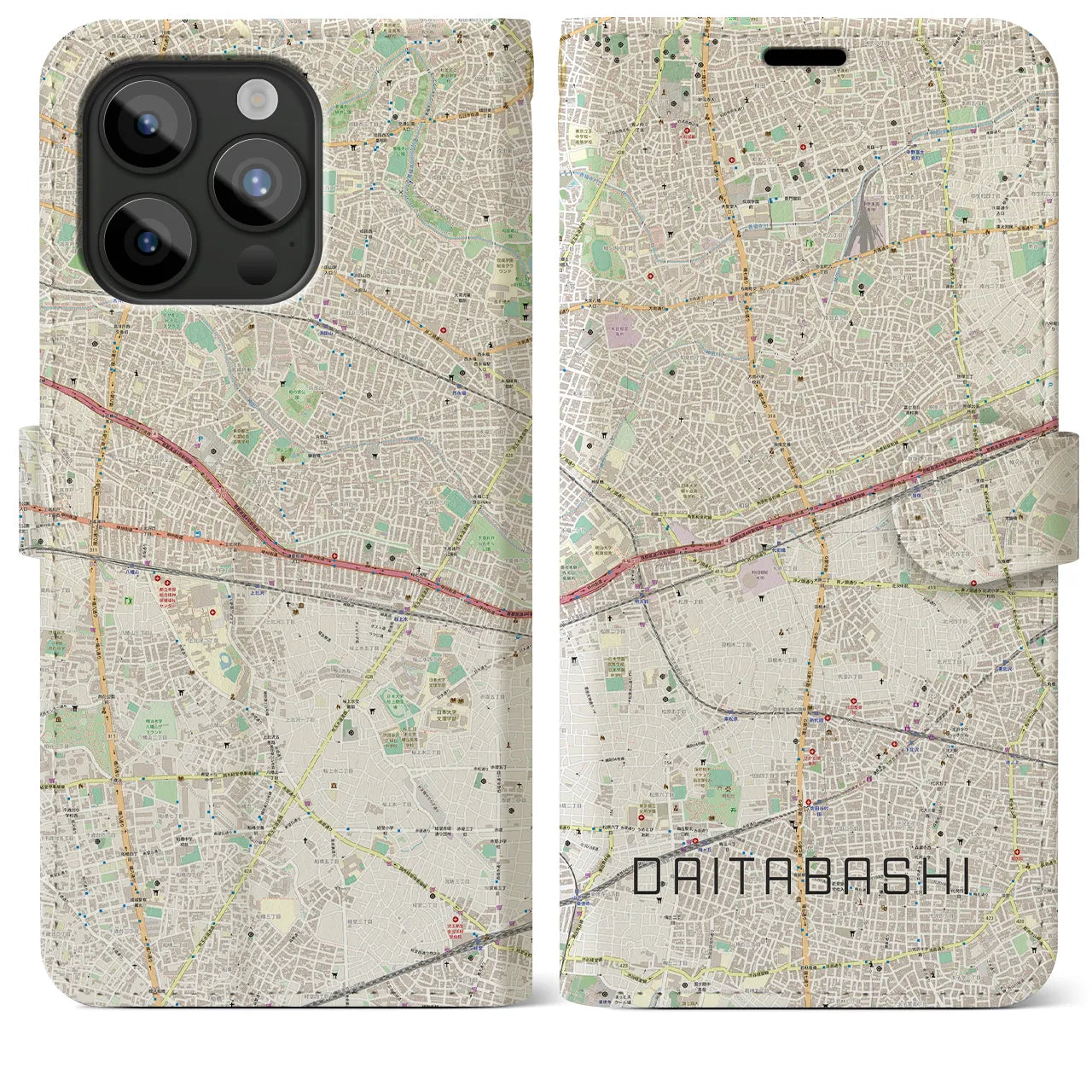 【代田橋】地図柄iPhoneケース（手帳両面タイプ・ナチュラル）iPhone 15 Pro Max 用