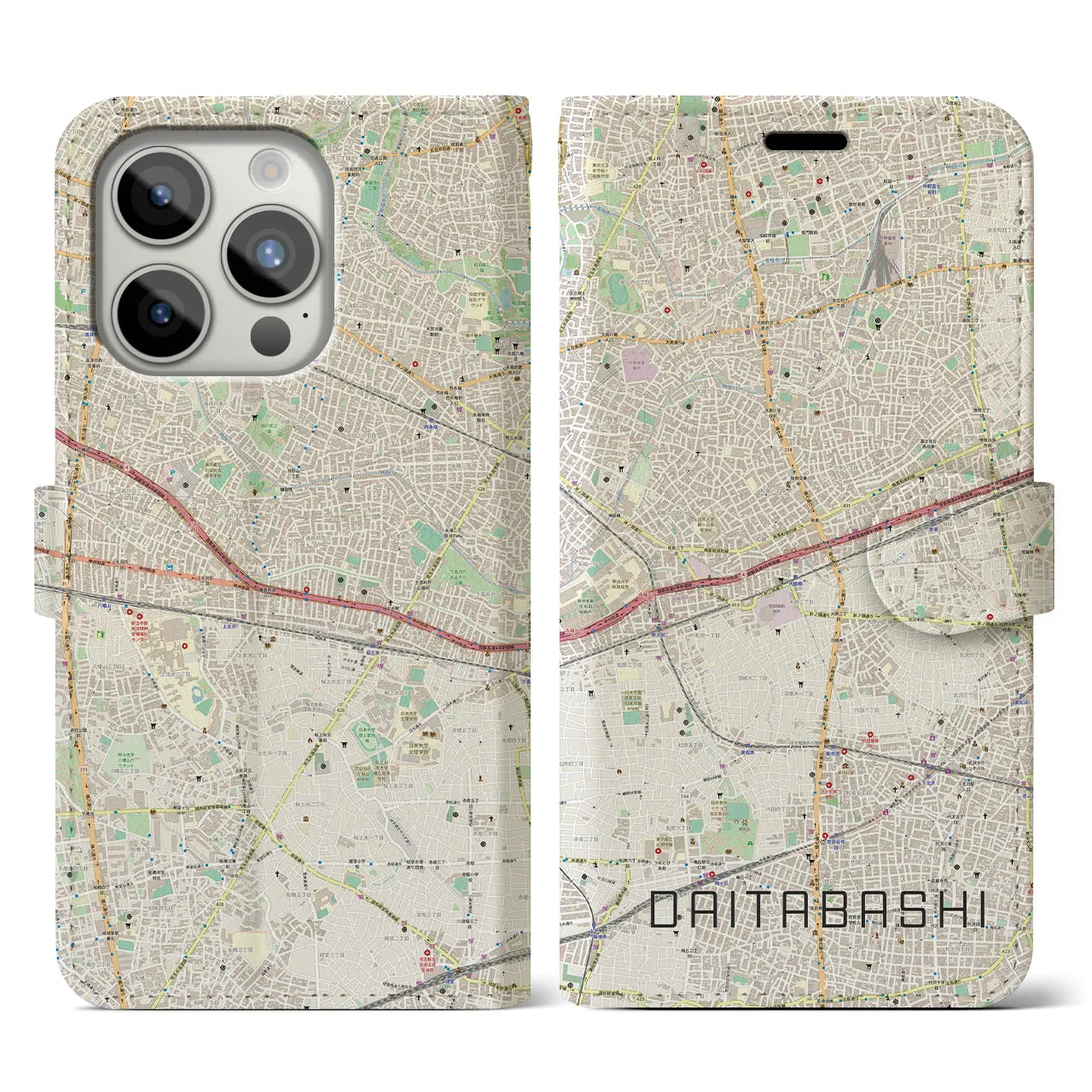 【代田橋】地図柄iPhoneケース（手帳両面タイプ・ナチュラル）iPhone 15 Pro 用
