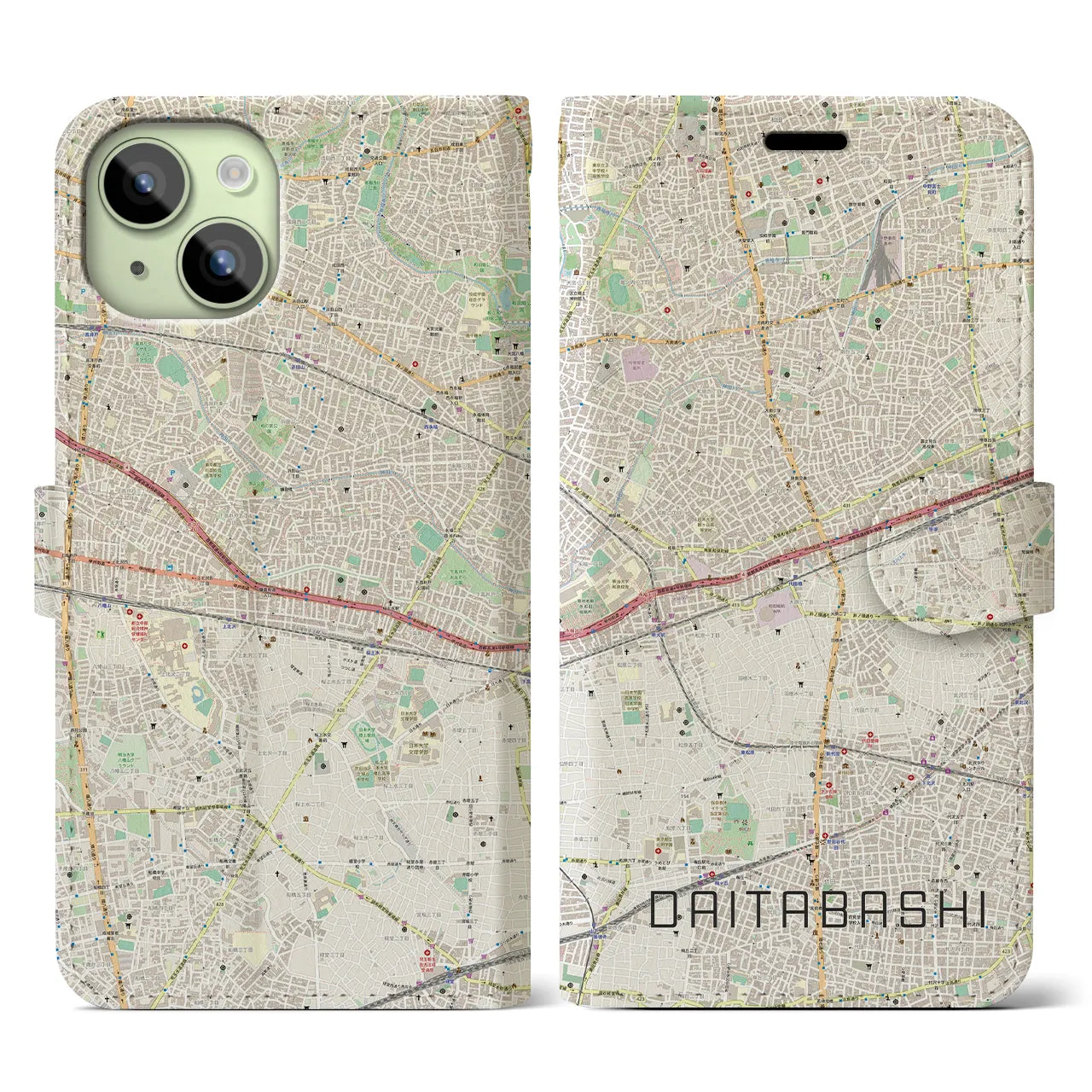 【代田橋】地図柄iPhoneケース（手帳両面タイプ・ナチュラル）iPhone 15 用