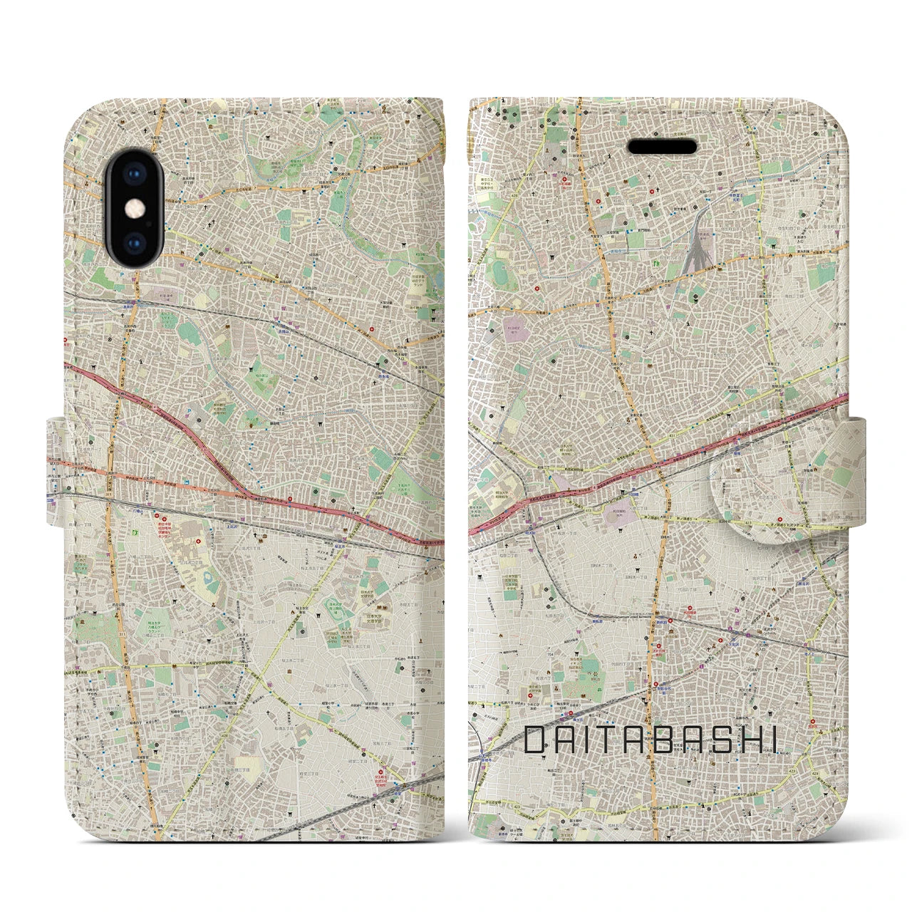 【代田橋】地図柄iPhoneケース（手帳両面タイプ・ナチュラル）iPhone XS / X 用