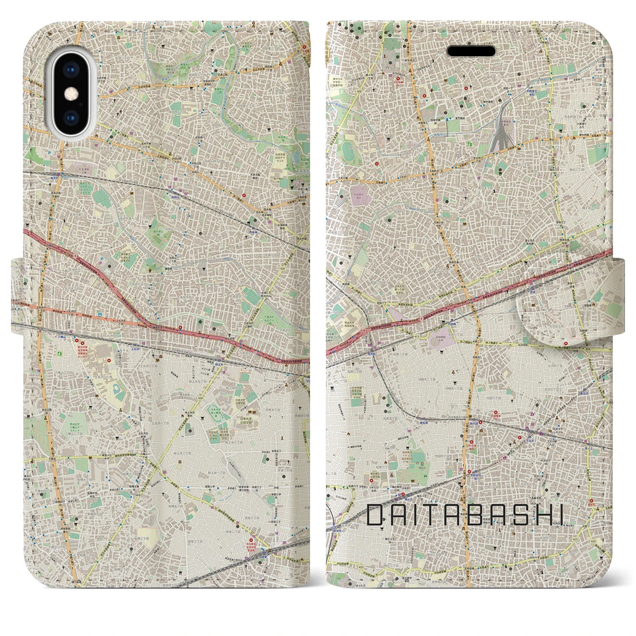 【代田橋】地図柄iPhoneケース（手帳両面タイプ・ナチュラル）iPhone XS Max 用