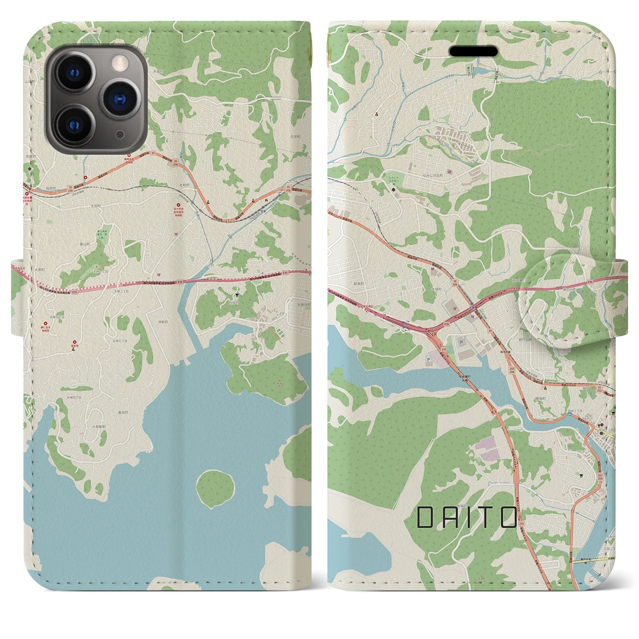 【大塔】地図柄iPhoneケース（手帳両面タイプ・ナチュラル）iPhone 11 Pro Max 用