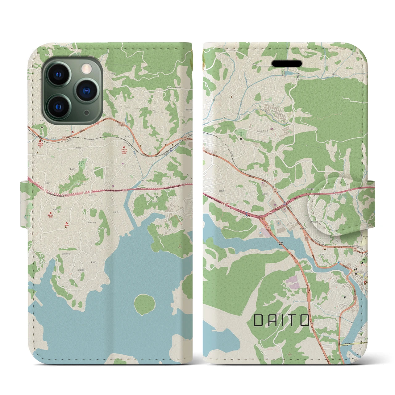 【大塔】地図柄iPhoneケース（手帳両面タイプ・ナチュラル）iPhone 11 Pro 用