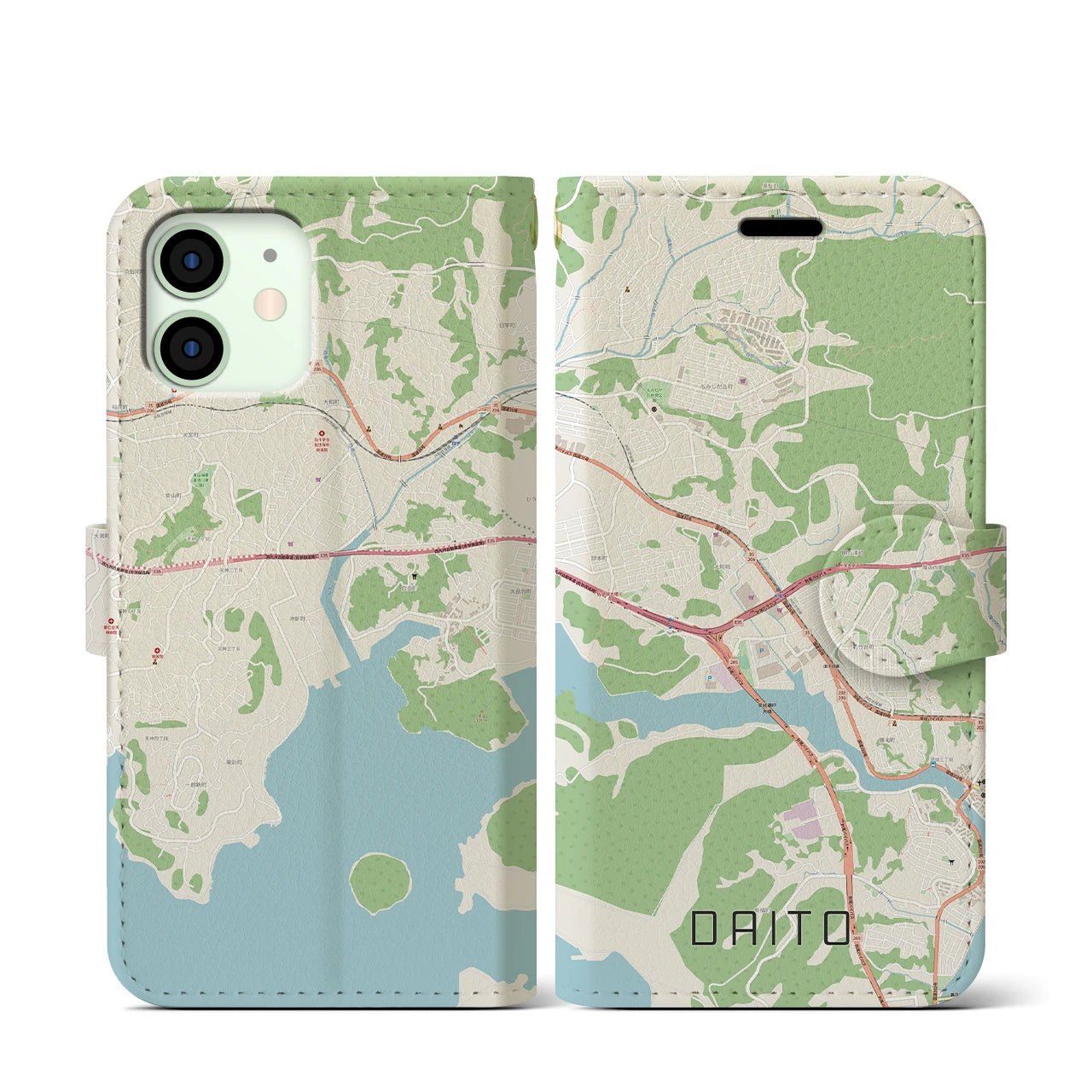 【大塔】地図柄iPhoneケース（手帳両面タイプ・ナチュラル）iPhone 12 mini 用