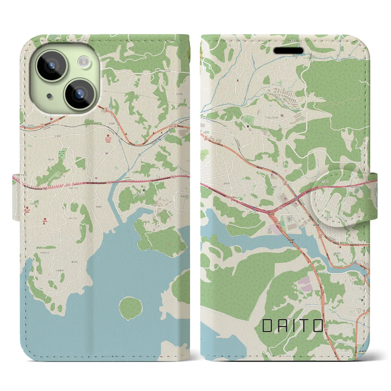【大塔】地図柄iPhoneケース（手帳両面タイプ・ナチュラル）iPhone 15 用