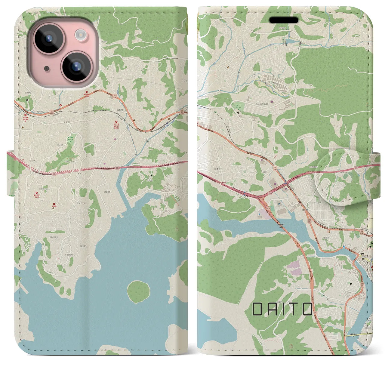 【大塔】地図柄iPhoneケース（手帳両面タイプ・ナチュラル）iPhone 15 Plus 用