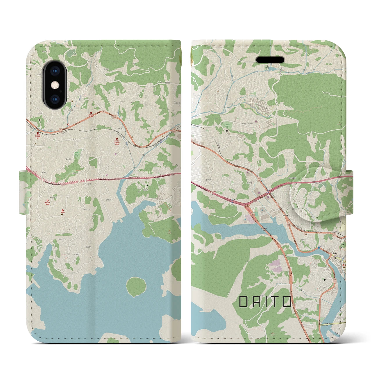 【大塔】地図柄iPhoneケース（手帳両面タイプ・ナチュラル）iPhone XS / X 用