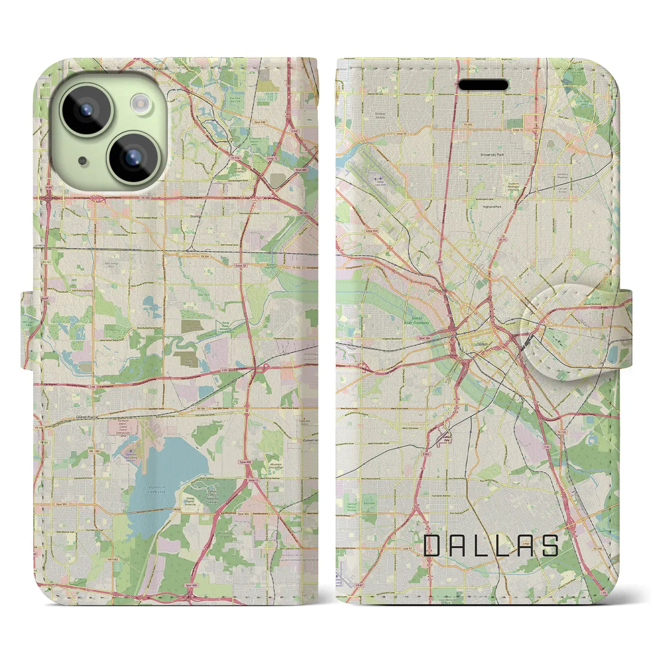 【ダラス】地図柄iPhoneケース（手帳両面タイプ・ナチュラル）iPhone 15 用