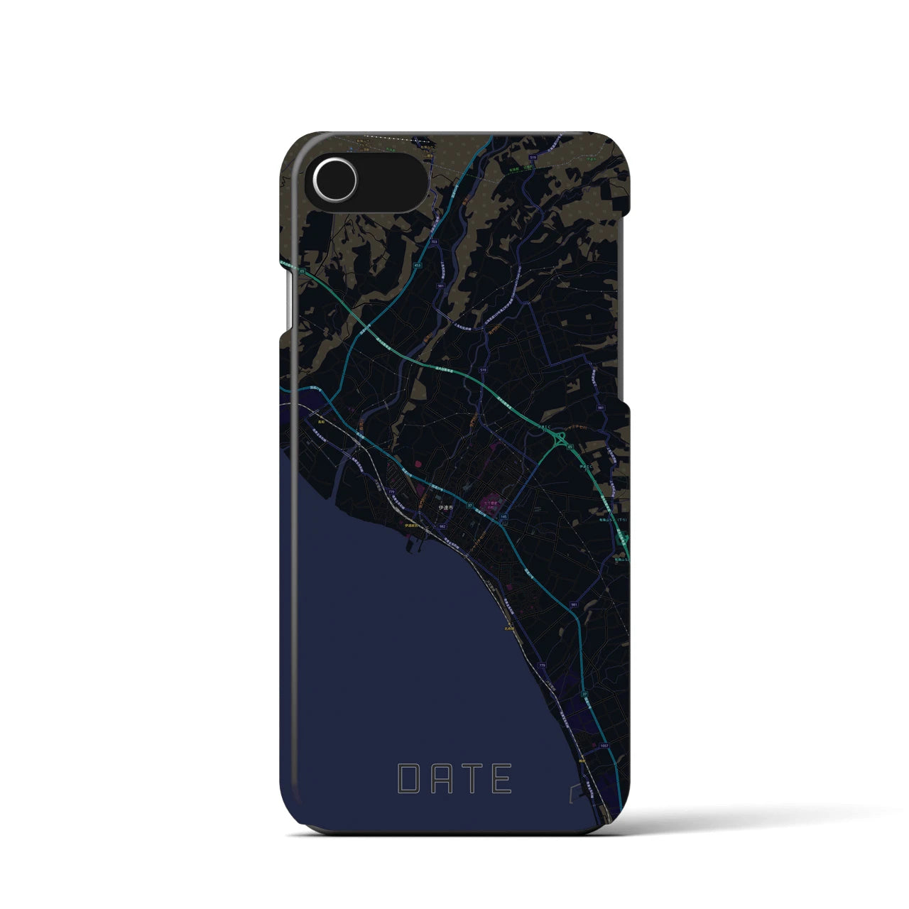 【伊達（北海道）】地図柄iPhoneケース（バックカバータイプ・ブラック）iPhone SE（第3 / 第2世代） / 8 / 7 / 6s / 6 用