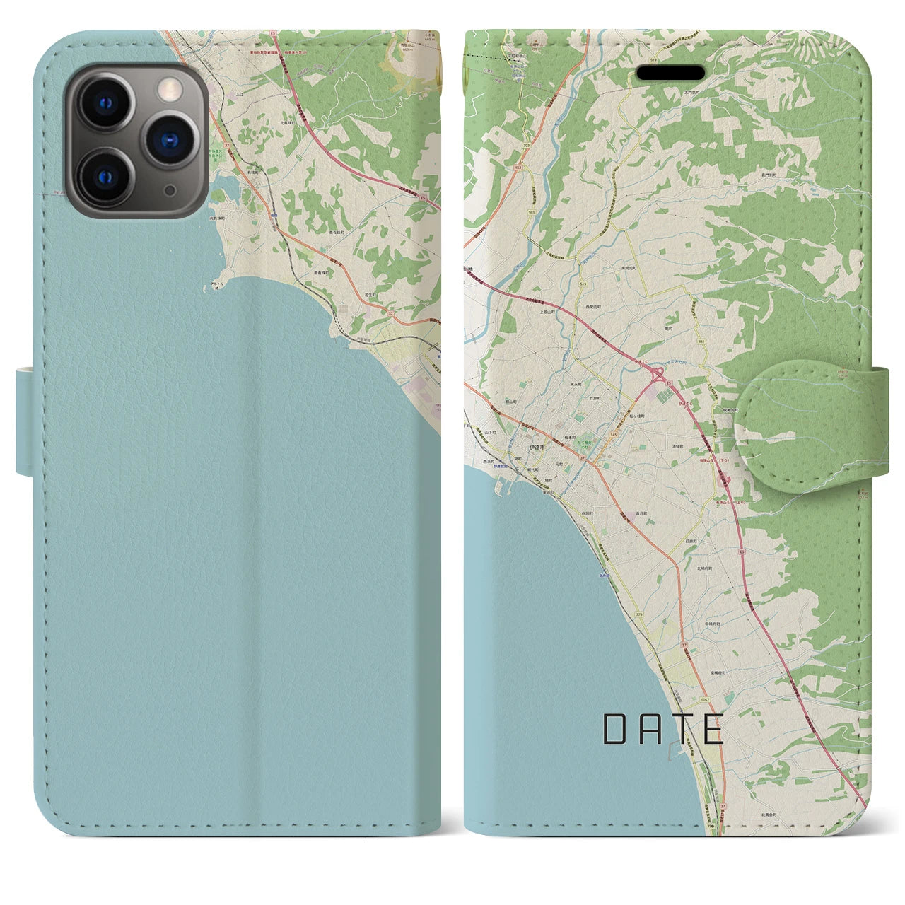 【伊達（北海道）】地図柄iPhoneケース（手帳両面タイプ・ナチュラル）iPhone 11 Pro Max 用