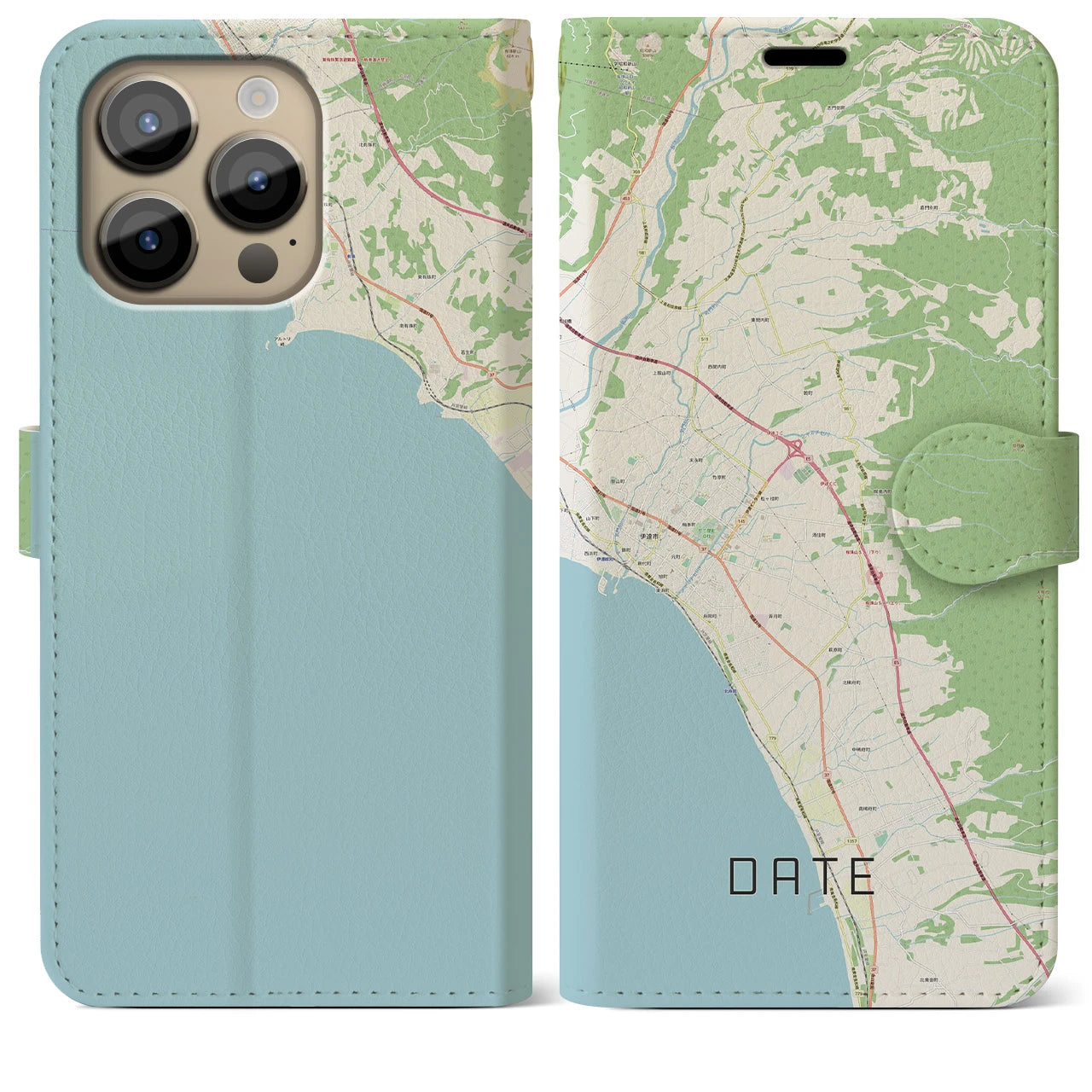 【伊達（北海道）】地図柄iPhoneケース（手帳両面タイプ・ナチュラル）iPhone 14 Pro Max 用