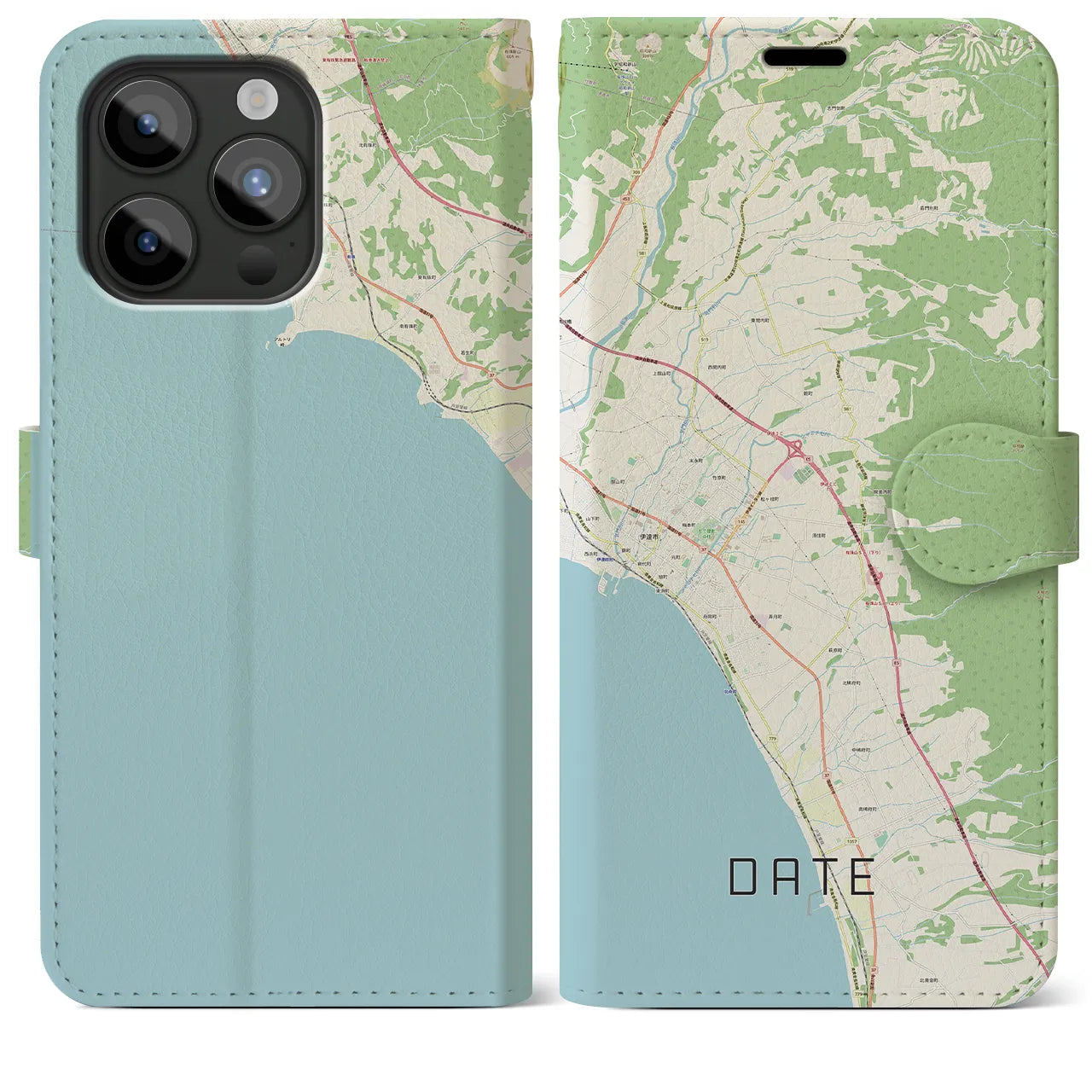 【伊達（北海道）】地図柄iPhoneケース（手帳両面タイプ・ナチュラル）iPhone 15 Pro Max 用