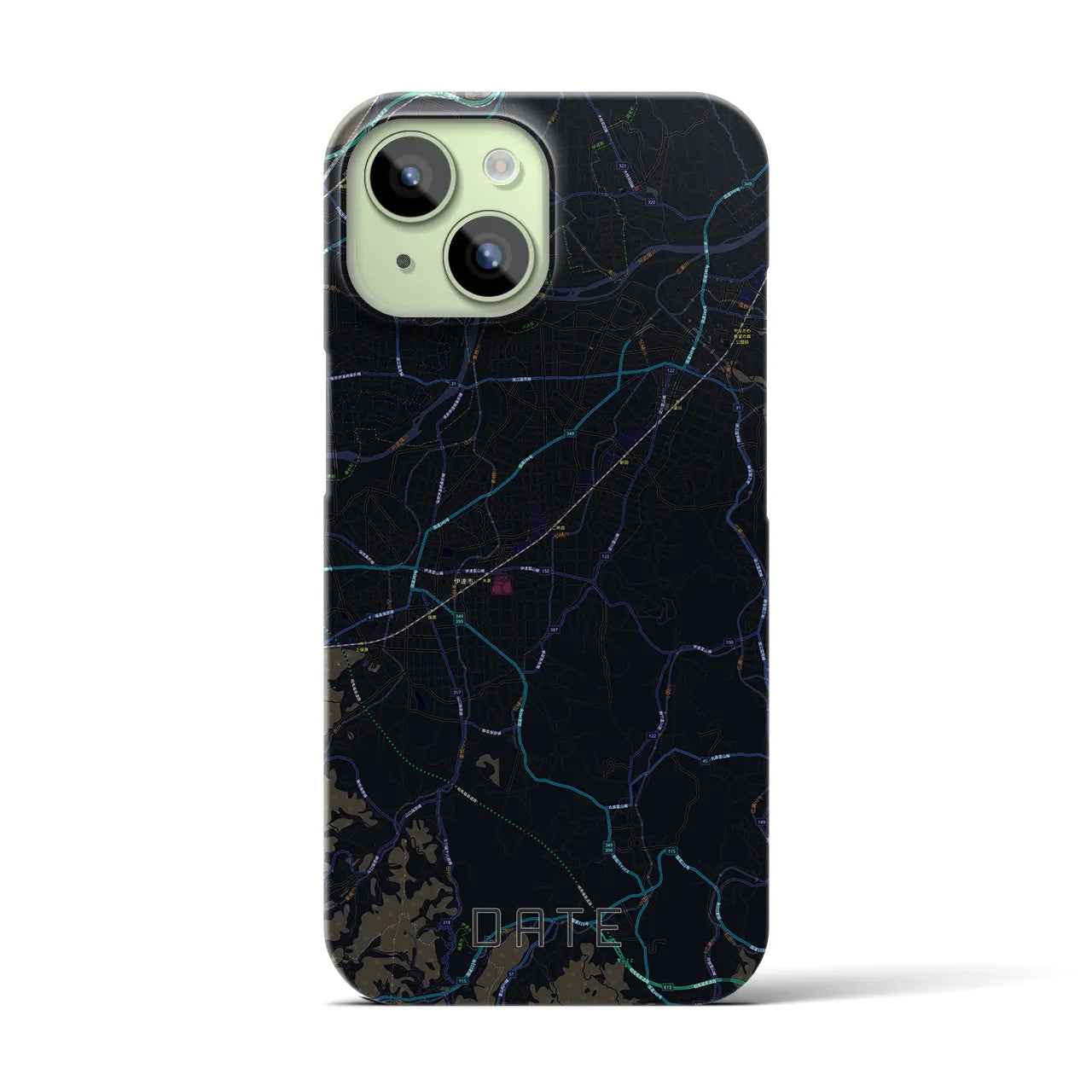 【伊達（福島県）】地図柄iPhoneケース（バックカバータイプ・ブラック）iPhone 15 用