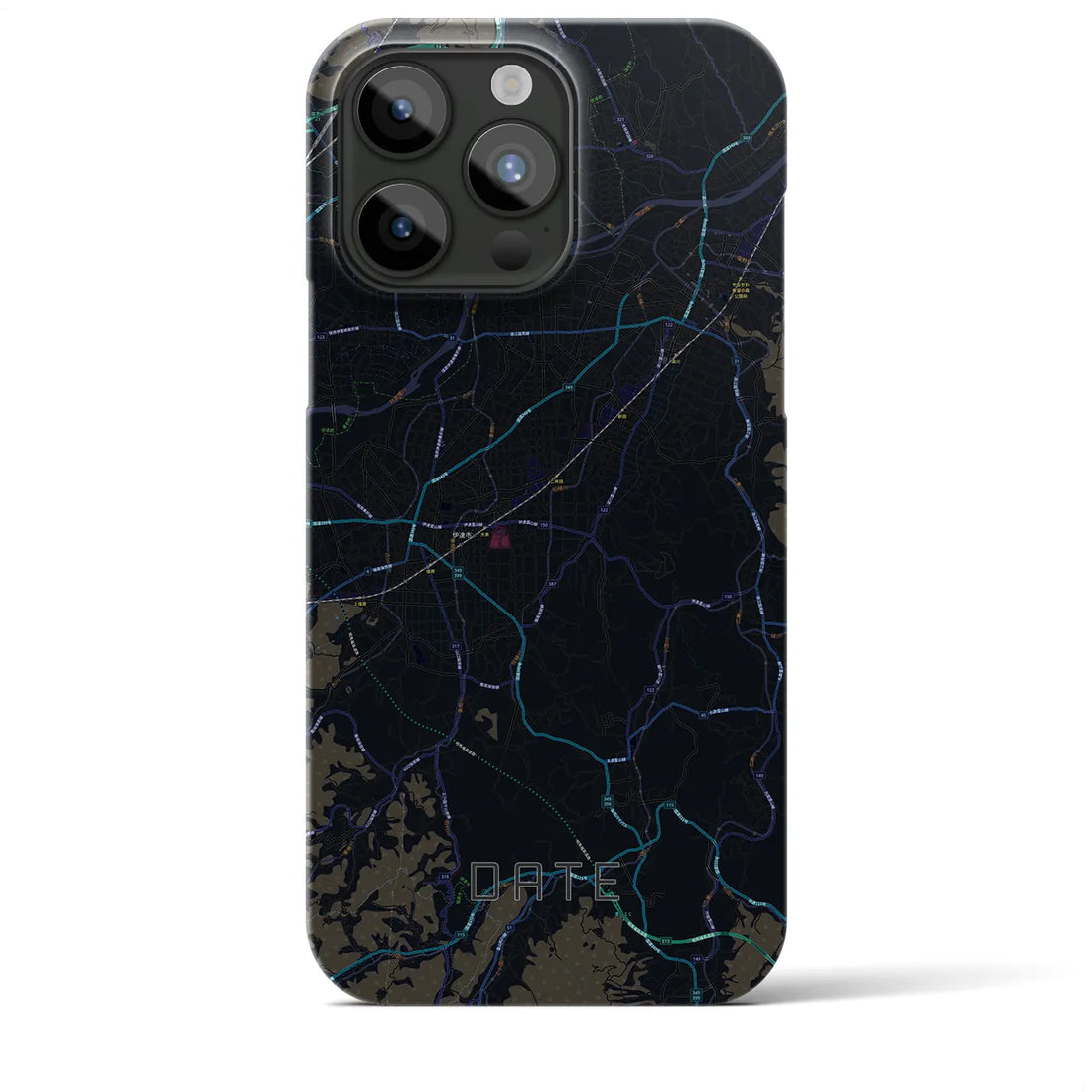 【伊達（福島県）】地図柄iPhoneケース（バックカバータイプ・ブラック）iPhone 15 Pro Max 用
