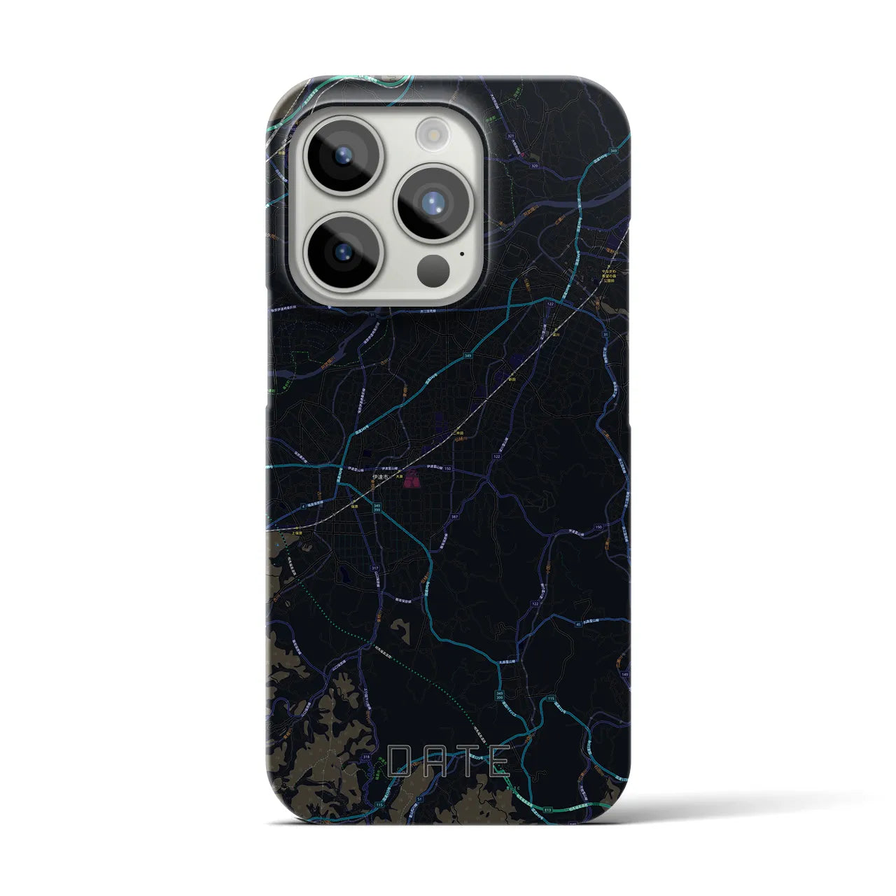 【伊達（福島県）】地図柄iPhoneケース（バックカバータイプ・ブラック）iPhone 15 Pro 用
