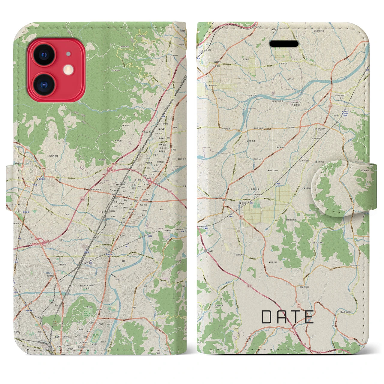【伊達（福島県）】地図柄iPhoneケース（手帳タイプ）ナチュラル・iPhone 11 用