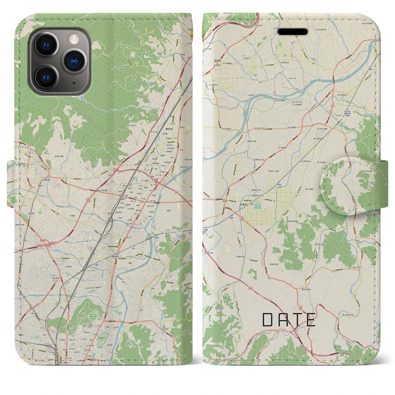 【伊達（福島県）】地図柄iPhoneケース（手帳両面タイプ・ナチュラル）iPhone 11 Pro Max 用