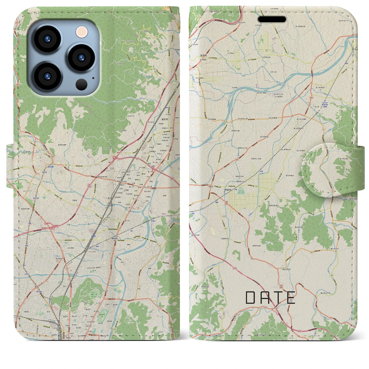 【伊達（福島県）】地図柄iPhoneケース（手帳両面タイプ・ナチュラル）iPhone 13 Pro Max 用