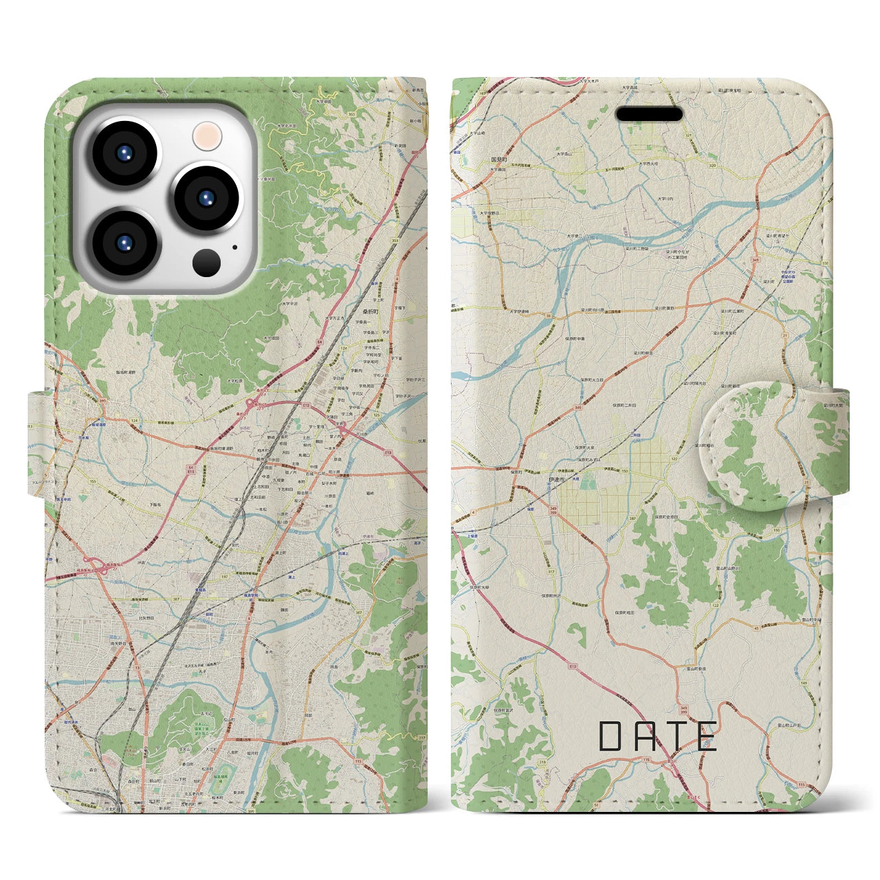 【伊達（福島県）】地図柄iPhoneケース（手帳両面タイプ・ナチュラル）iPhone 13 Pro 用