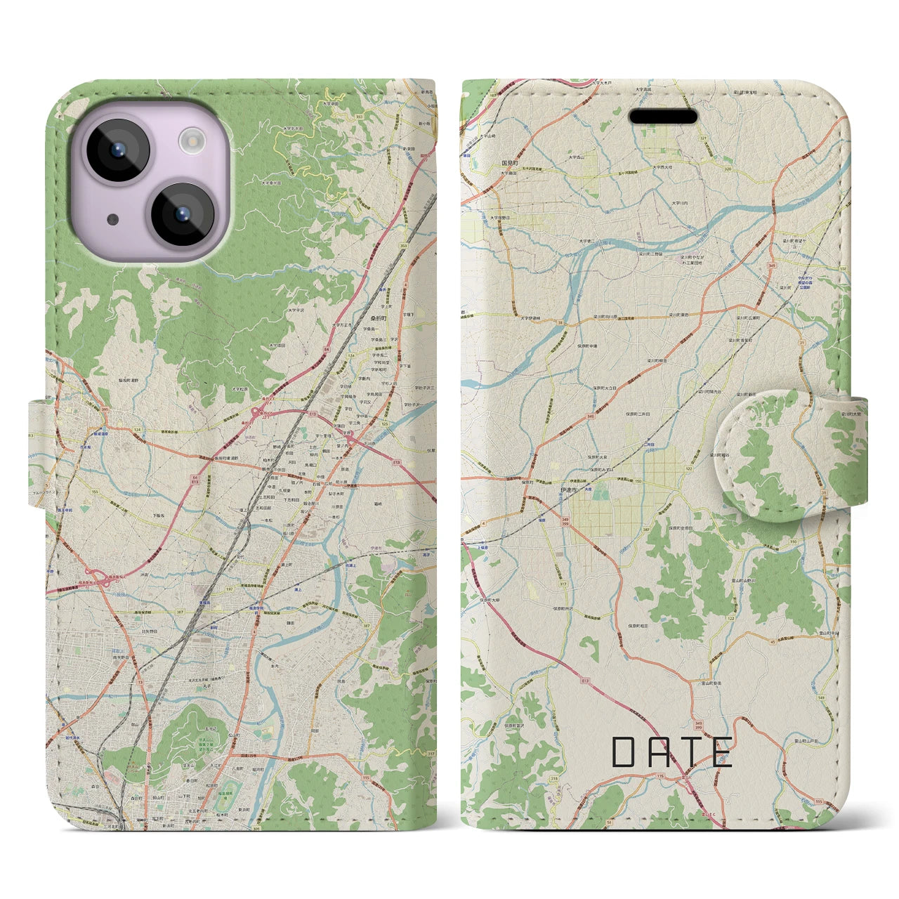 【伊達（福島県）】地図柄iPhoneケース（手帳タイプ）ナチュラル・iPhone 14 用
