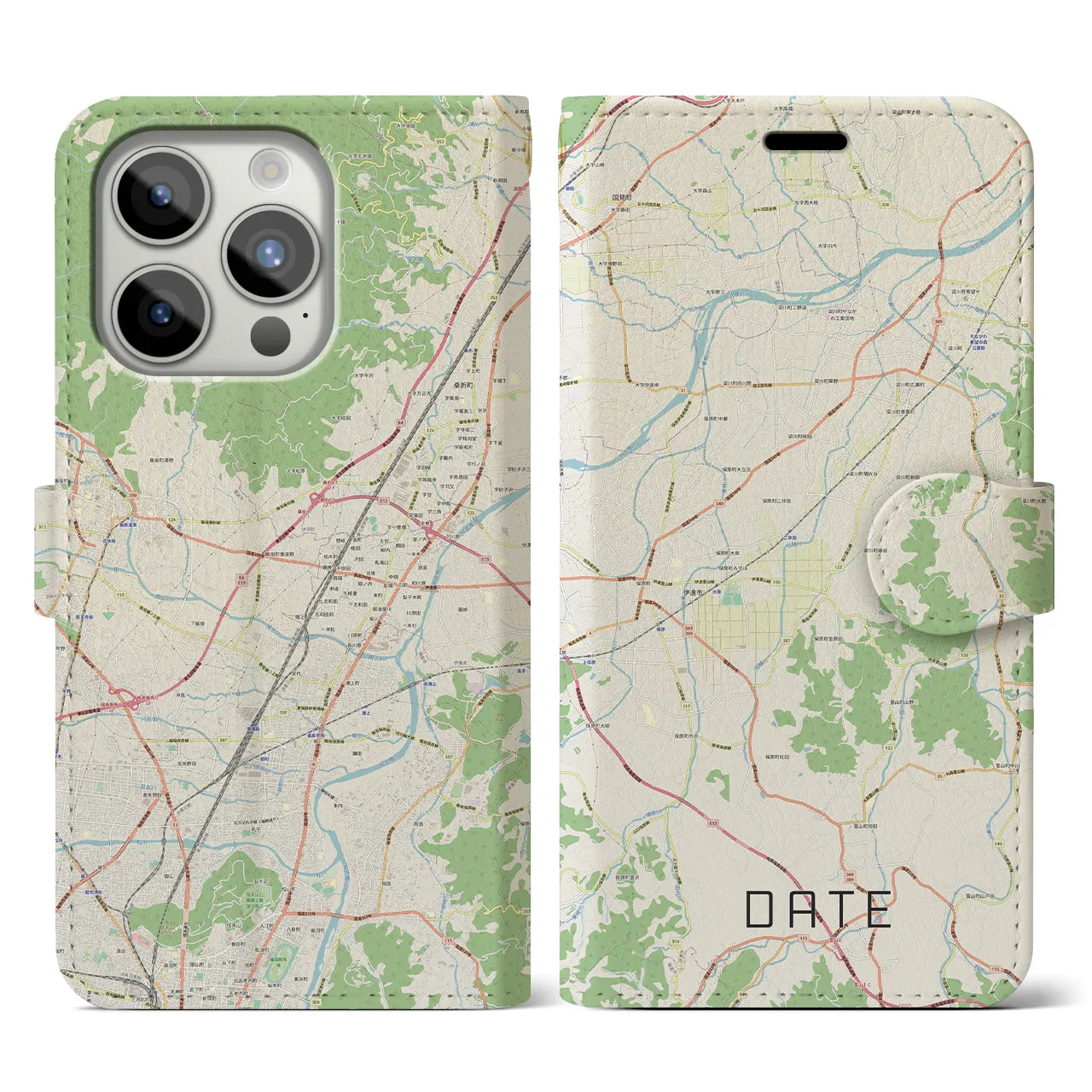 【伊達（福島県）】地図柄iPhoneケース（手帳両面タイプ・ナチュラル）iPhone 15 Pro 用