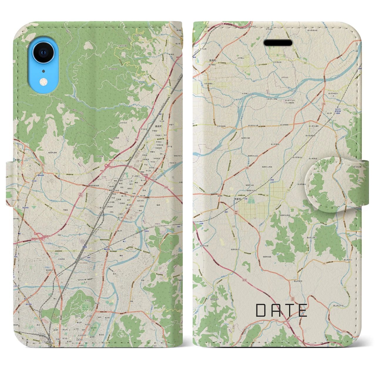 【伊達（福島県）】地図柄iPhoneケース（手帳両面タイプ・ナチュラル）iPhone XR 用