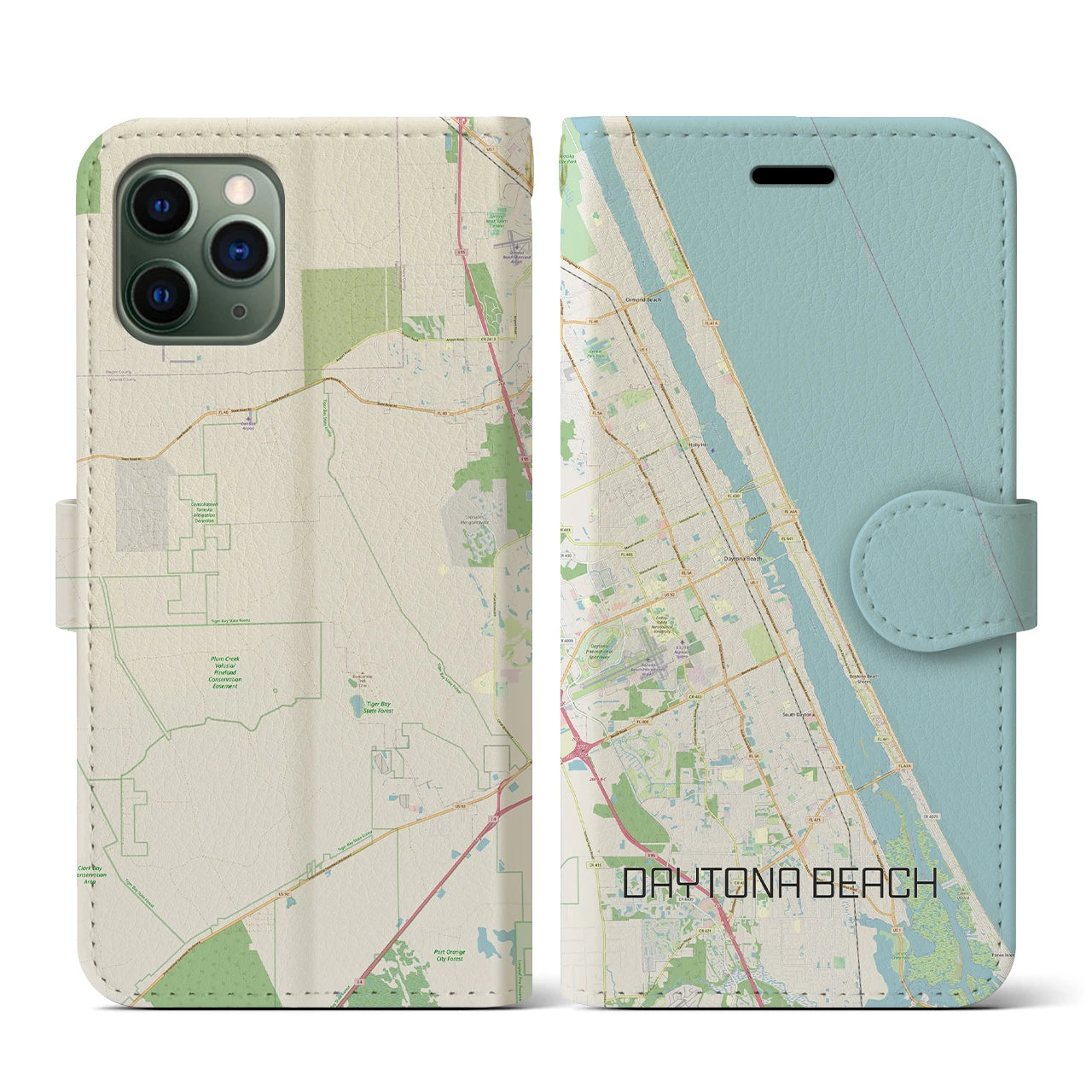 【デイトナビーチ】地図柄iPhoneケース（手帳両面タイプ・ナチュラル）iPhone 11 Pro 用
