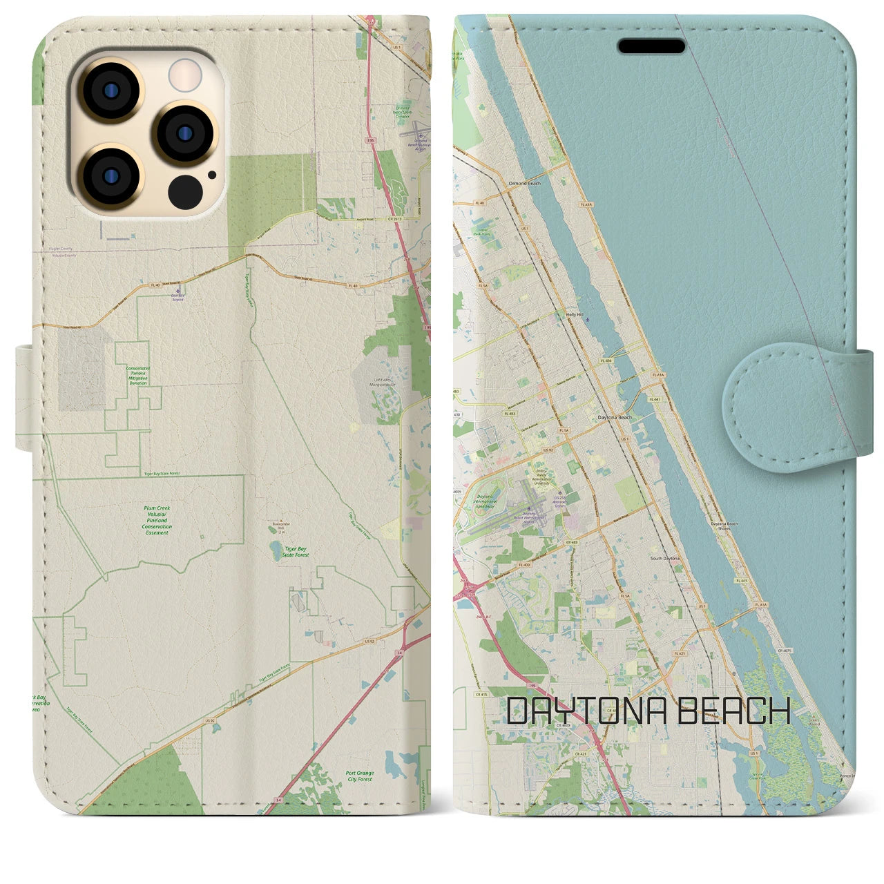 【デイトナビーチ】地図柄iPhoneケース（手帳両面タイプ・ナチュラル）iPhone 12 Pro Max 用