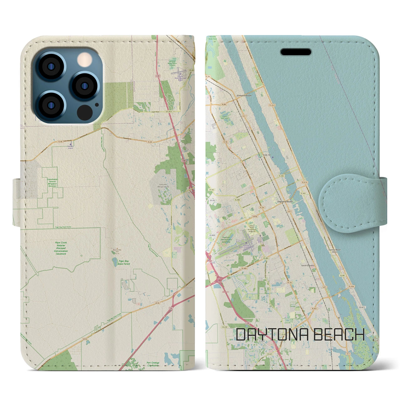 【デイトナビーチ】地図柄iPhoneケース（手帳両面タイプ・ナチュラル）iPhone 12 / 12 Pro 用
