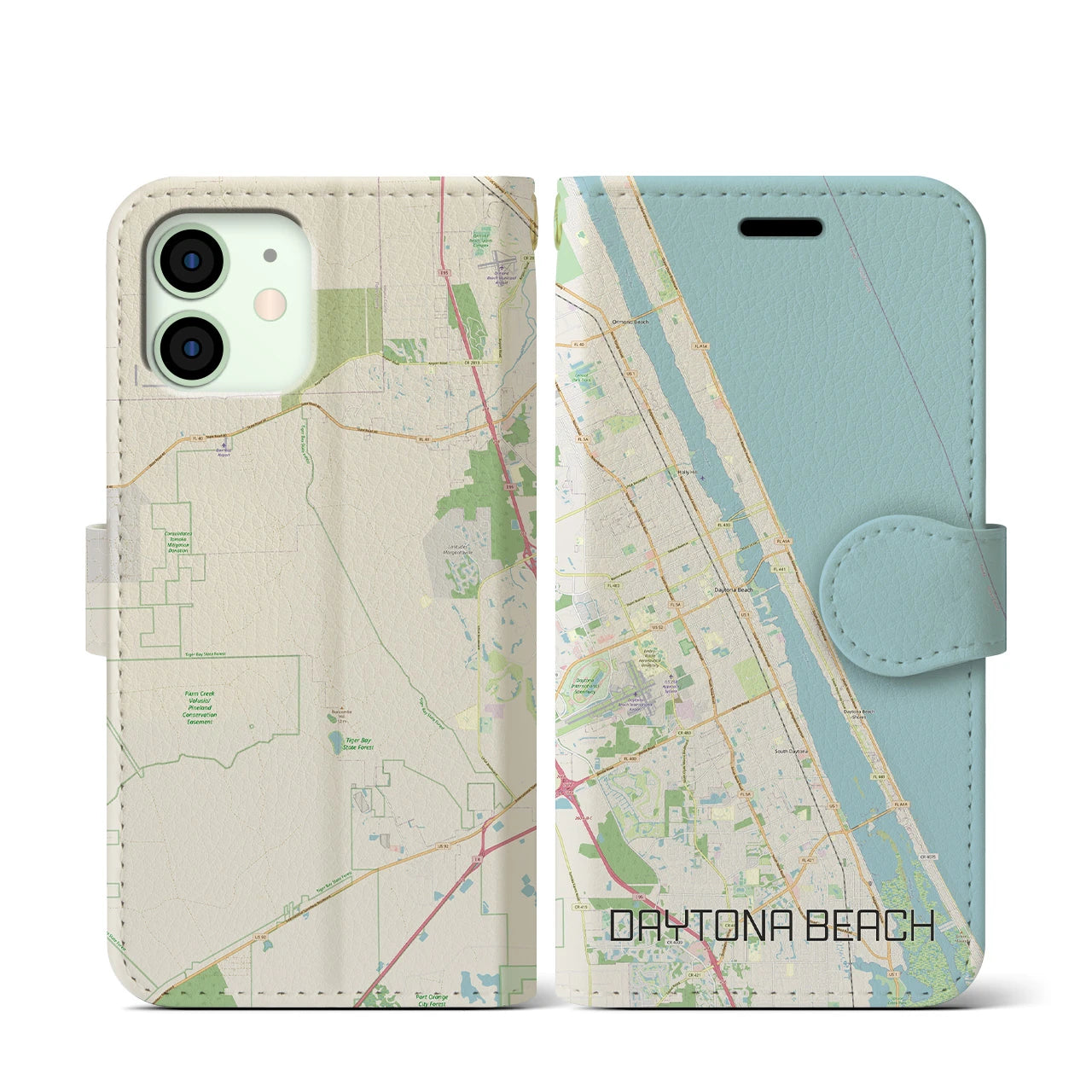 【デイトナビーチ】地図柄iPhoneケース（手帳両面タイプ・ナチュラル）iPhone 12 mini 用