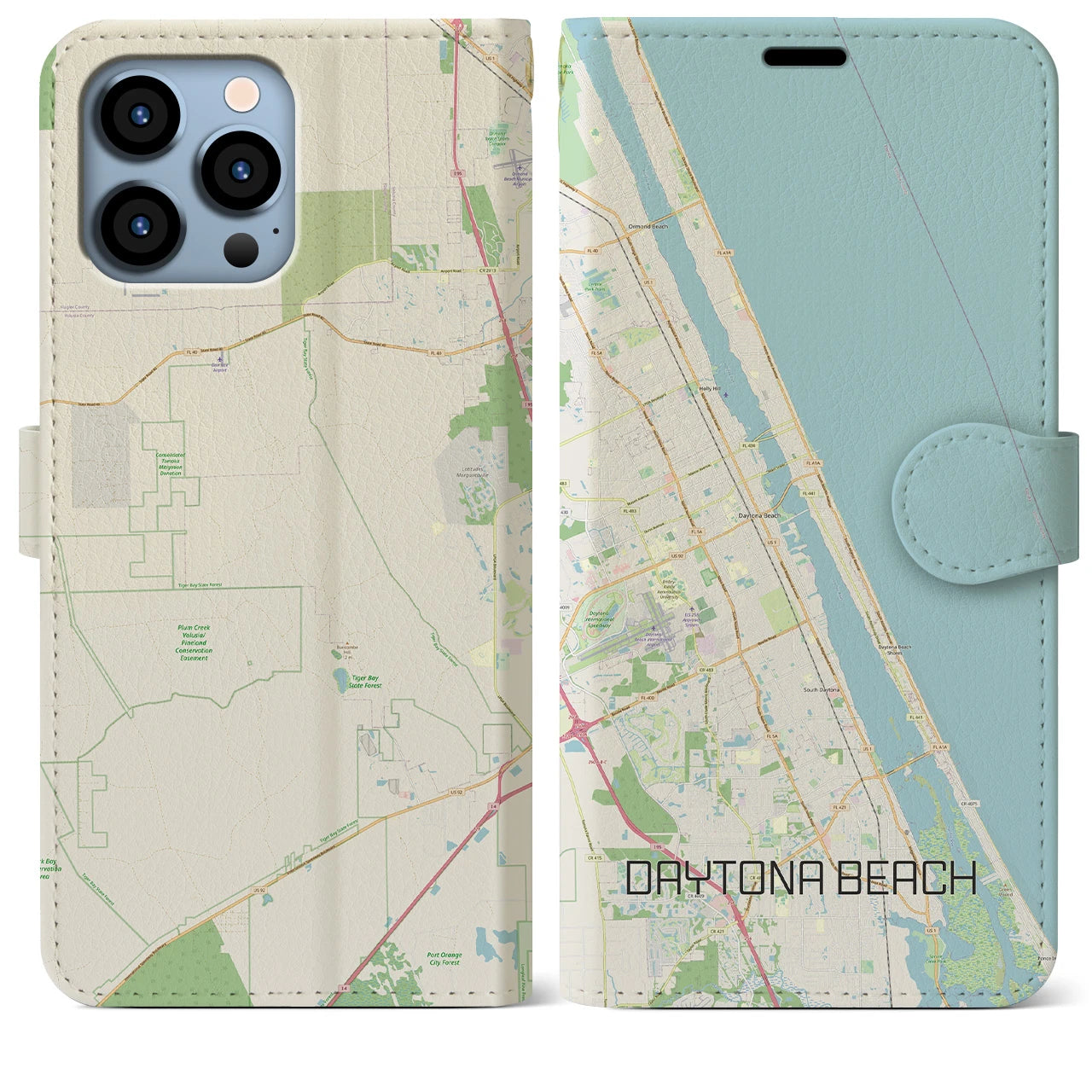 【デイトナビーチ】地図柄iPhoneケース（手帳両面タイプ・ナチュラル）iPhone 13 Pro Max 用
