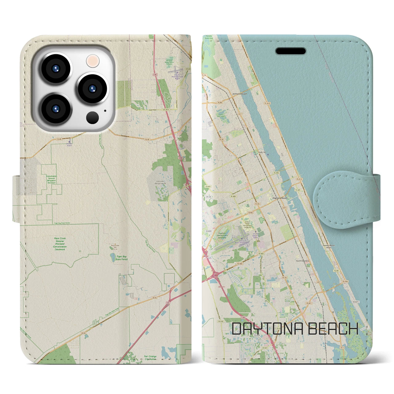 【デイトナビーチ】地図柄iPhoneケース（手帳両面タイプ・ナチュラル）iPhone 13 Pro 用