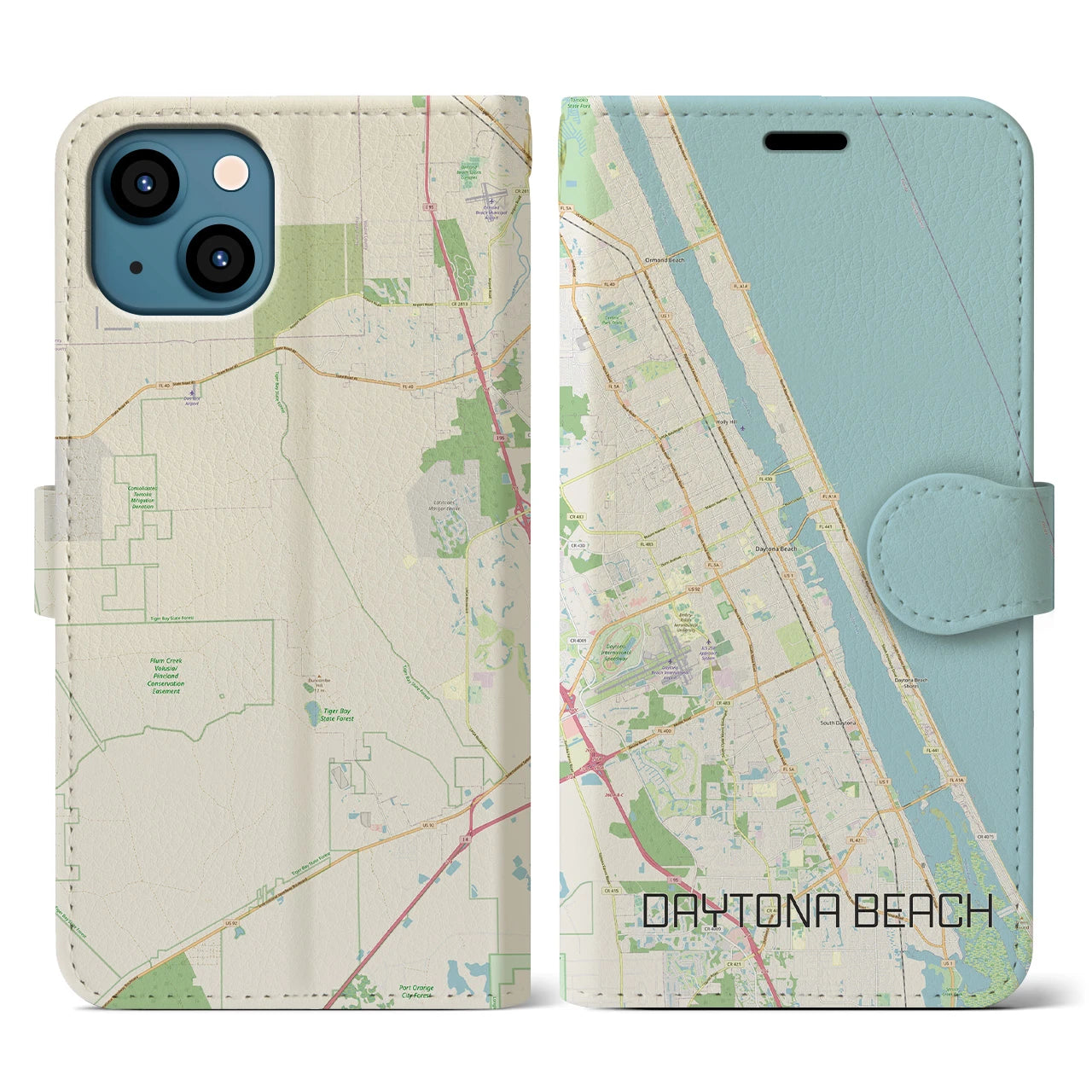 【デイトナビーチ】地図柄iPhoneケース（手帳両面タイプ・ナチュラル）iPhone 13 用