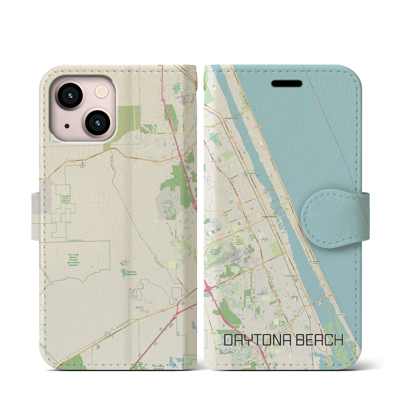 【デイトナビーチ】地図柄iPhoneケース（手帳両面タイプ・ナチュラル）iPhone 13 mini 用