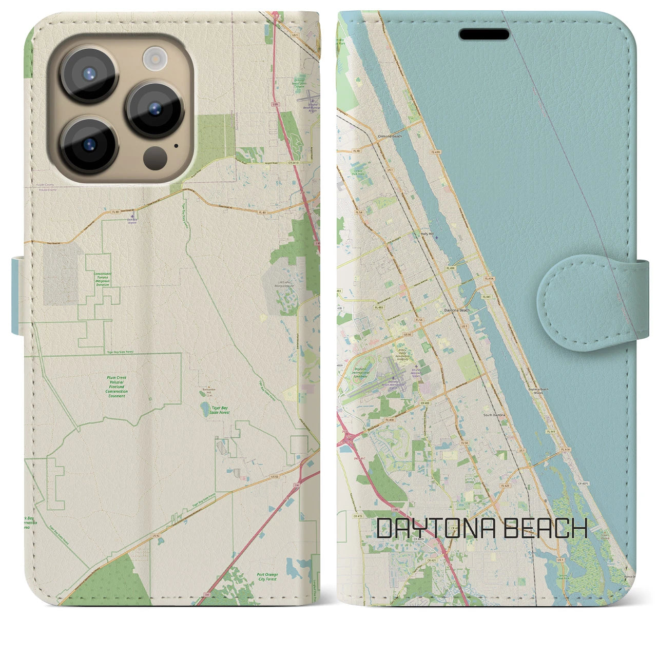 【デイトナビーチ】地図柄iPhoneケース（手帳両面タイプ・ナチュラル）iPhone 14 Pro Max 用