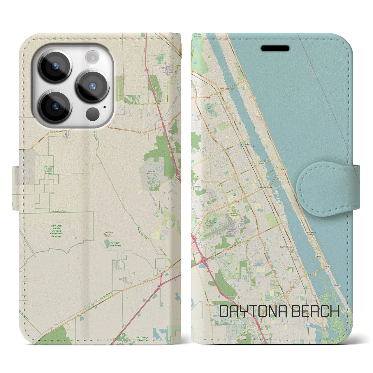 【デイトナビーチ】地図柄iPhoneケース（手帳両面タイプ・ナチュラル）iPhone 14 Pro 用