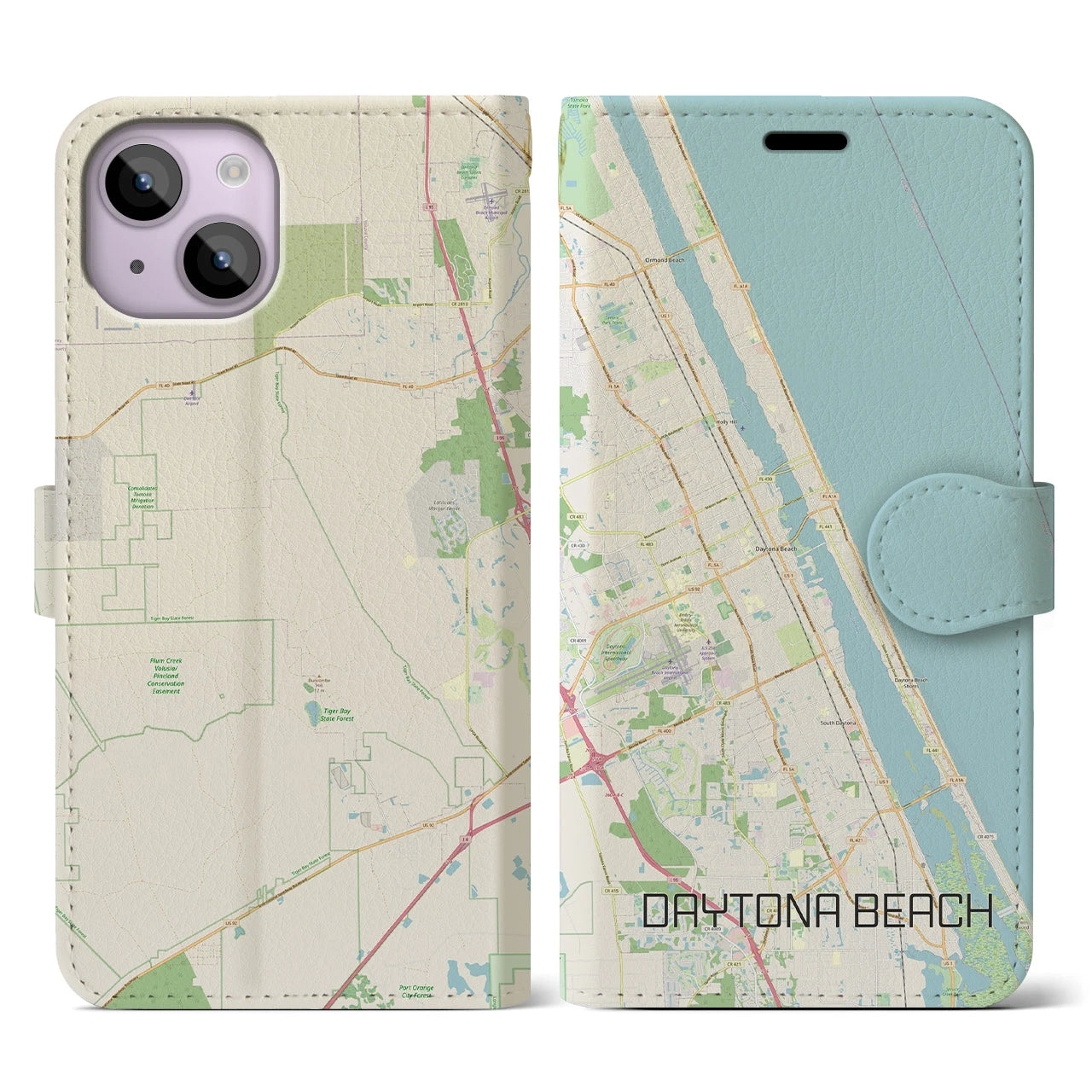 【デイトナビーチ】地図柄iPhoneケース（手帳両面タイプ・ナチュラル）iPhone 14 用