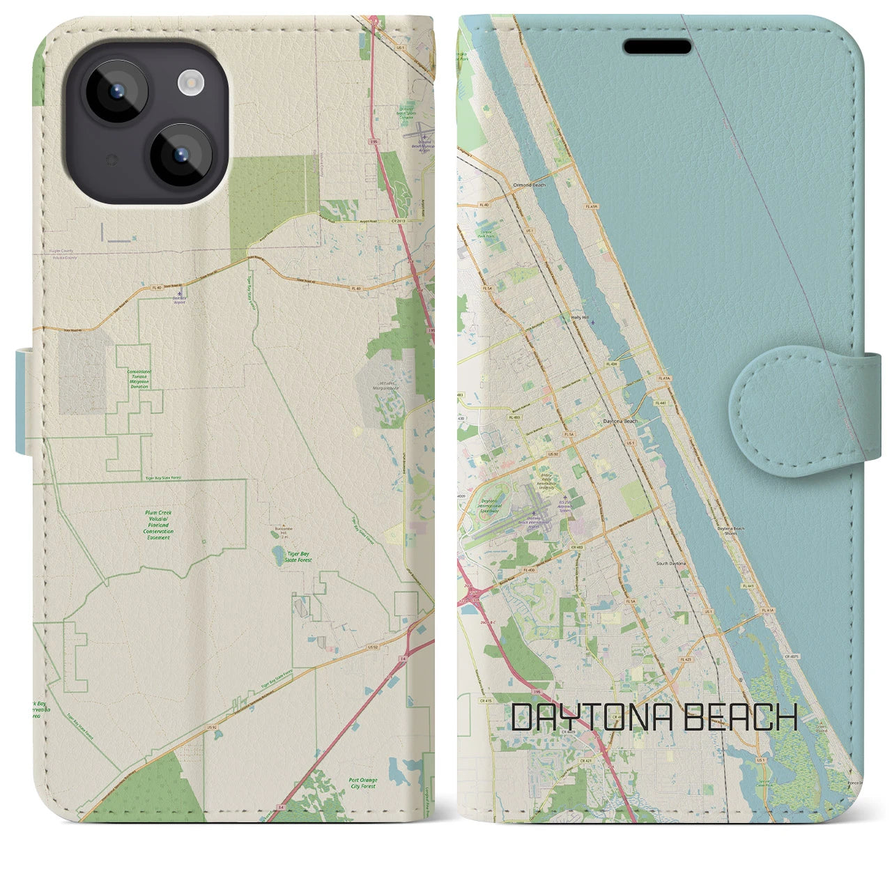 【デイトナビーチ】地図柄iPhoneケース（手帳両面タイプ・ナチュラル）iPhone 14 Plus 用