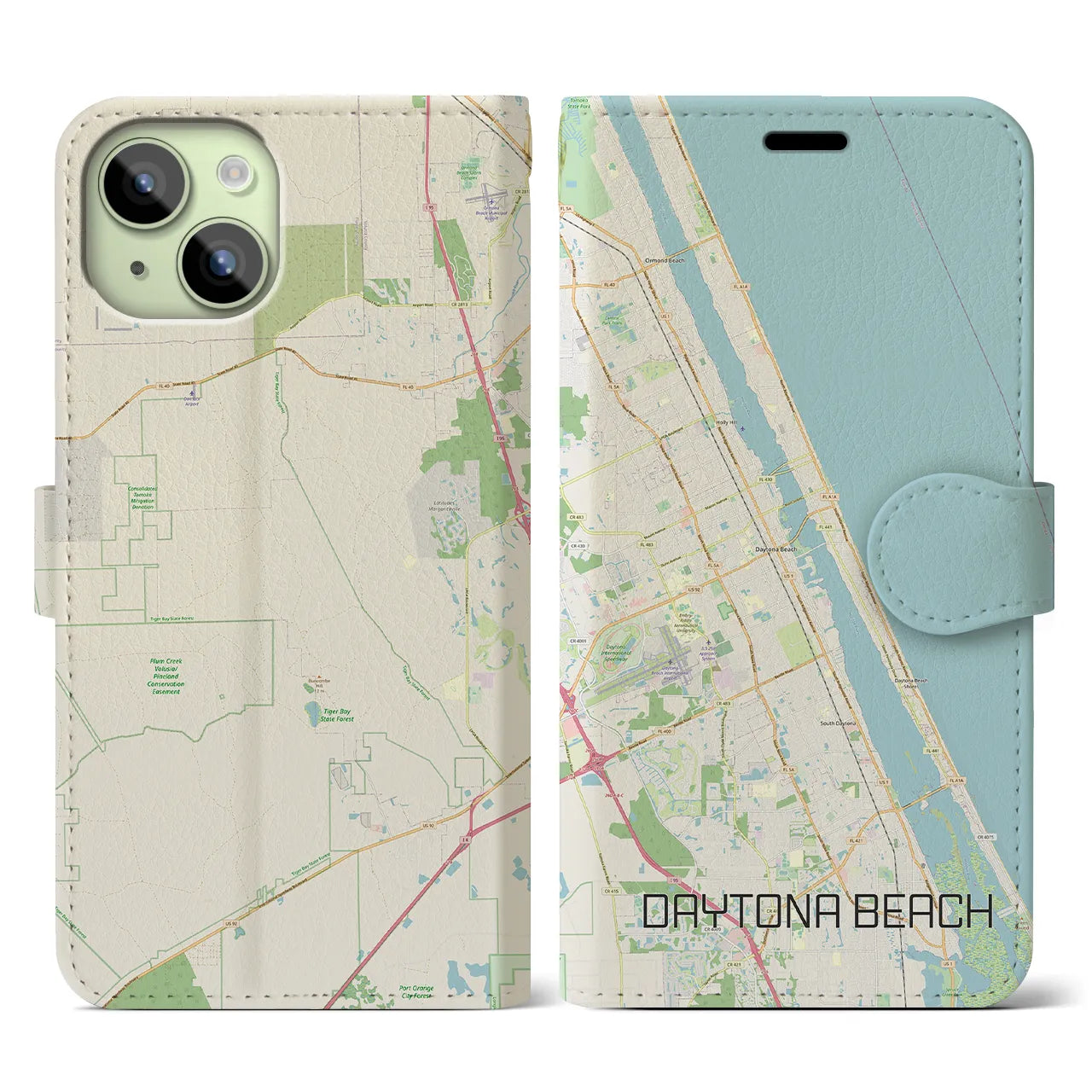 【デイトナビーチ】地図柄iPhoneケース（手帳両面タイプ・ナチュラル）iPhone 15 用