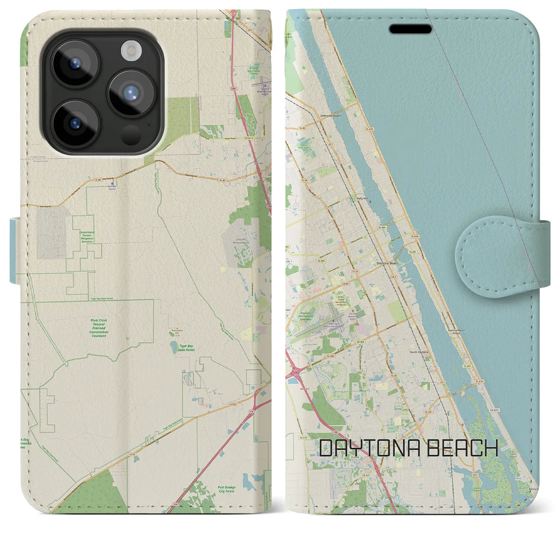 【デイトナビーチ】地図柄iPhoneケース（手帳両面タイプ・ナチュラル）iPhone 15 Pro Max 用