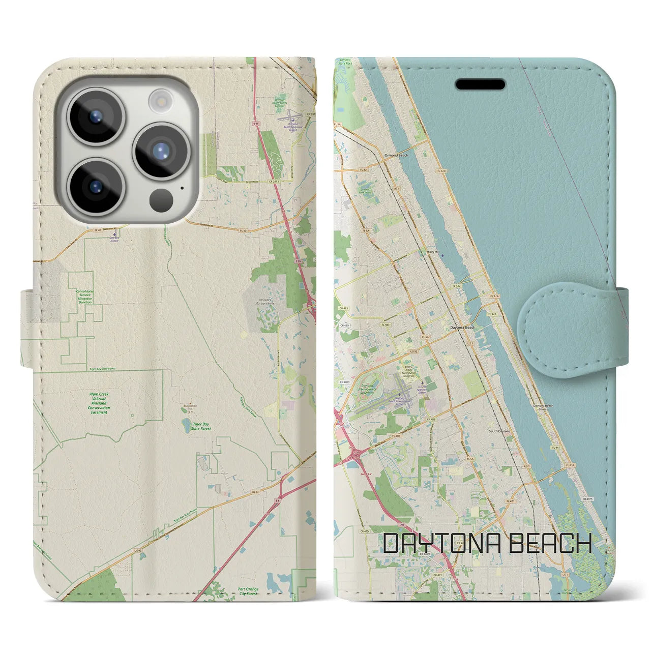 【デイトナビーチ】地図柄iPhoneケース（手帳両面タイプ・ナチュラル）iPhone 15 Pro 用