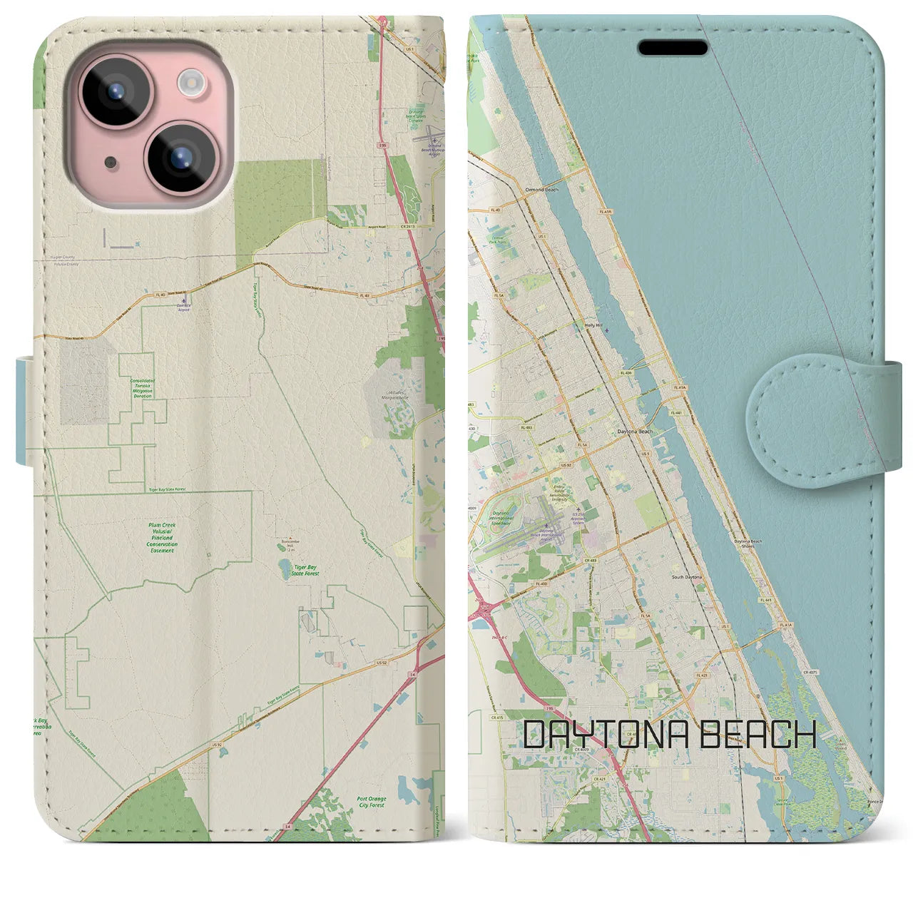 【デイトナビーチ】地図柄iPhoneケース（手帳両面タイプ・ナチュラル）iPhone 15 Plus 用