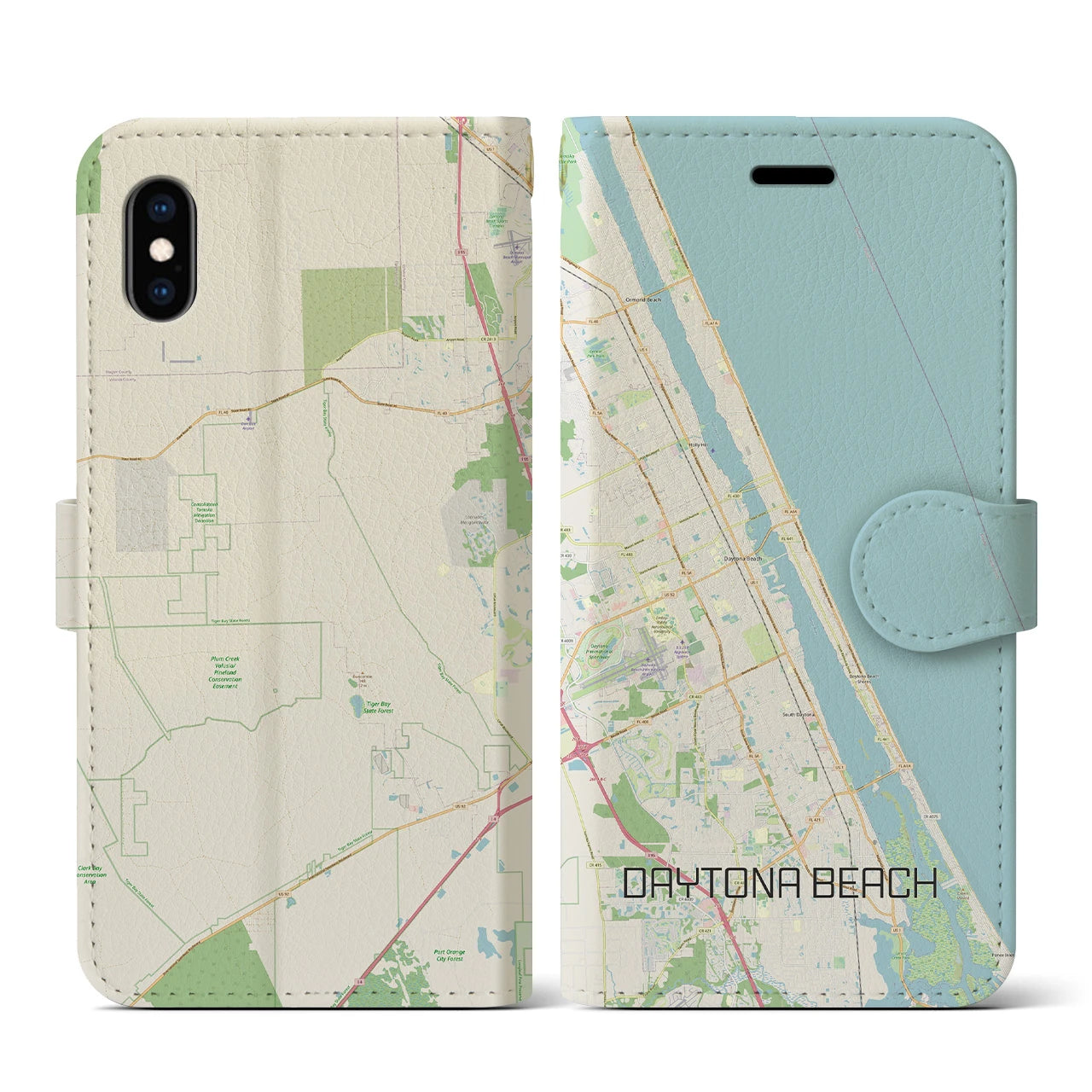 【デイトナビーチ】地図柄iPhoneケース（手帳両面タイプ・ナチュラル）iPhone XS / X 用