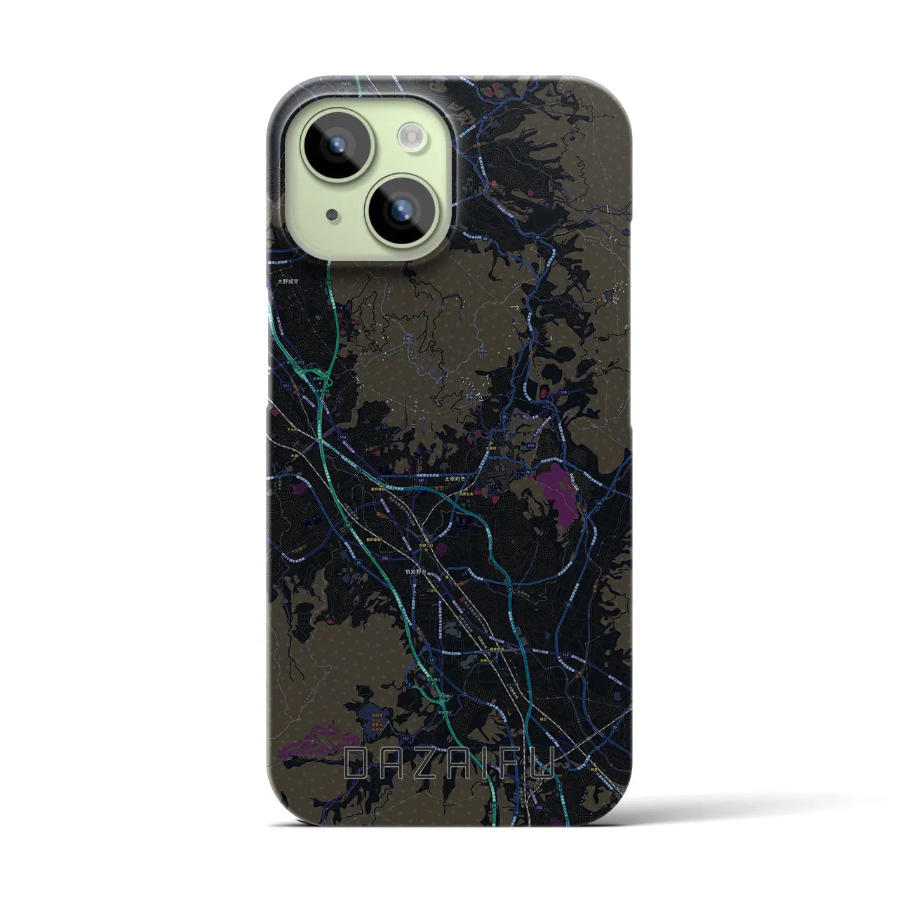 【太宰府】地図柄iPhoneケース（バックカバータイプ・ブラック）iPhone 15 用