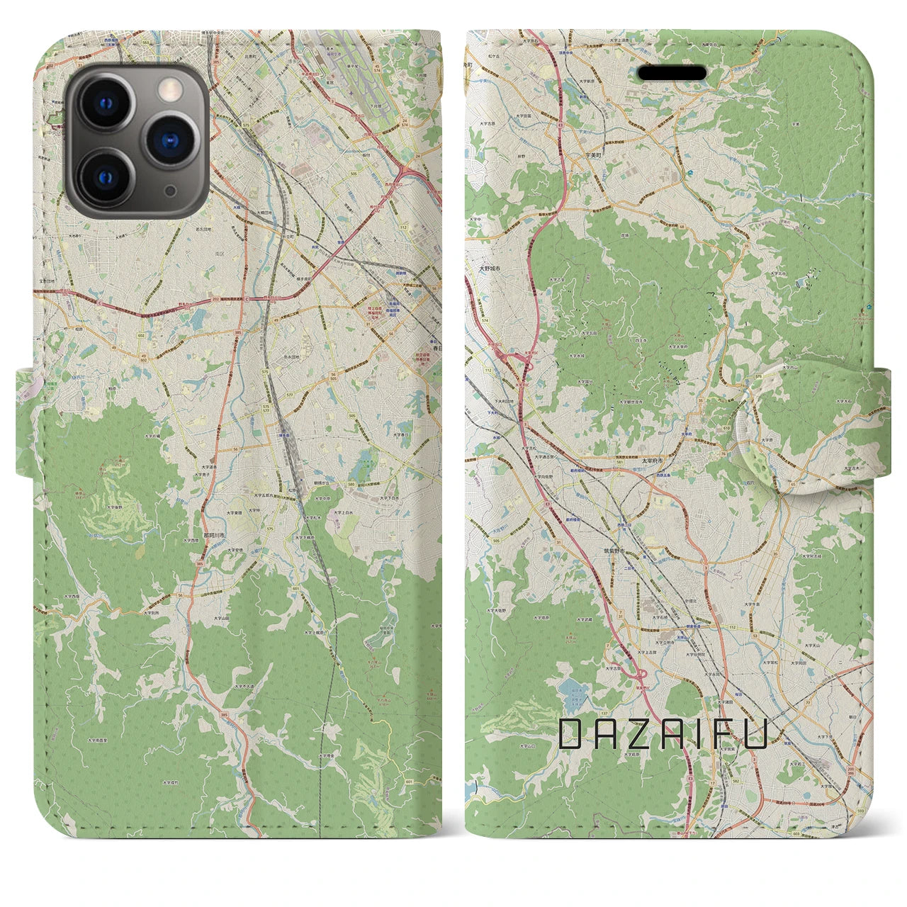 【太宰府】地図柄iPhoneケース（手帳両面タイプ・ナチュラル）iPhone 11 Pro Max 用