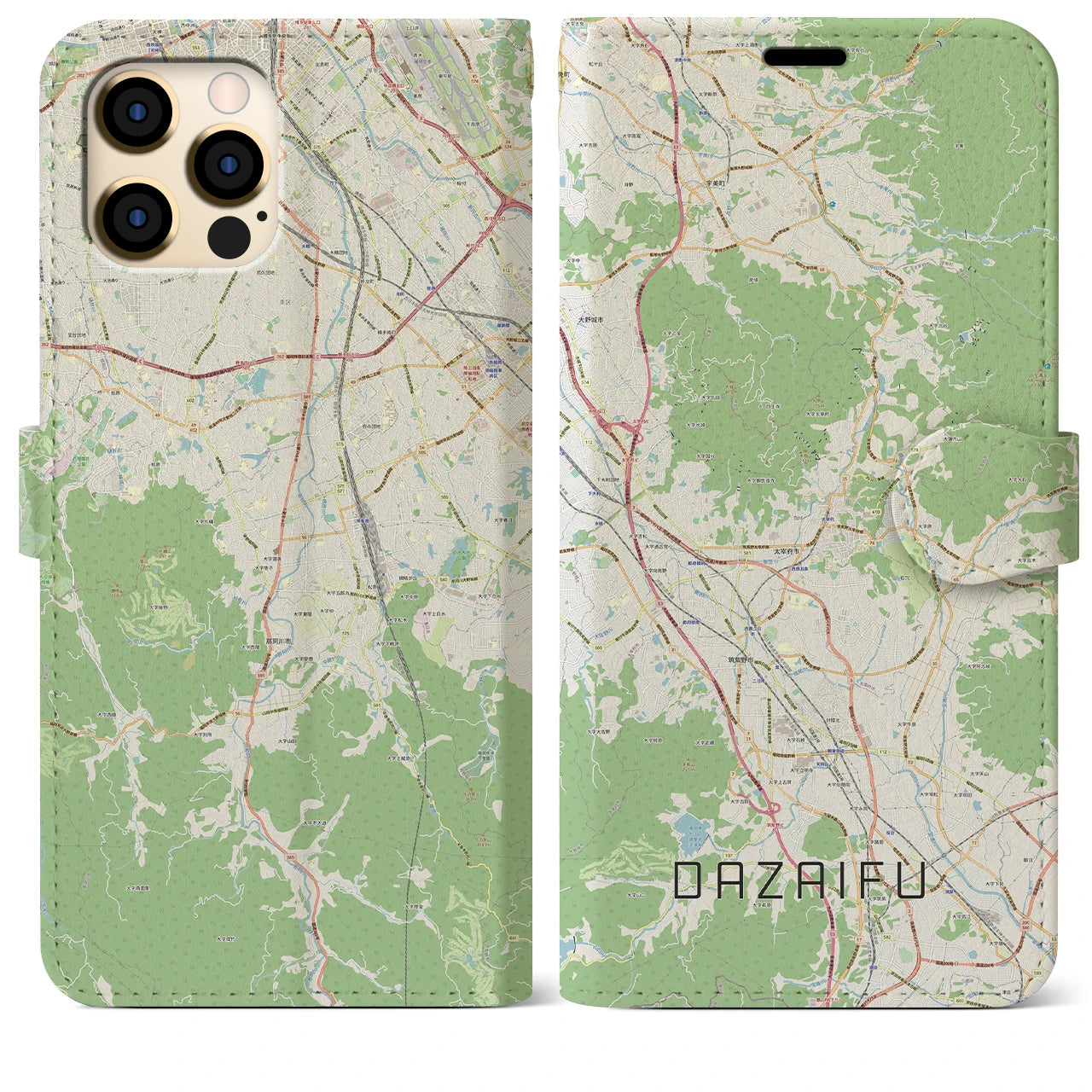 【太宰府】地図柄iPhoneケース（手帳両面タイプ・ナチュラル）iPhone 12 Pro Max 用