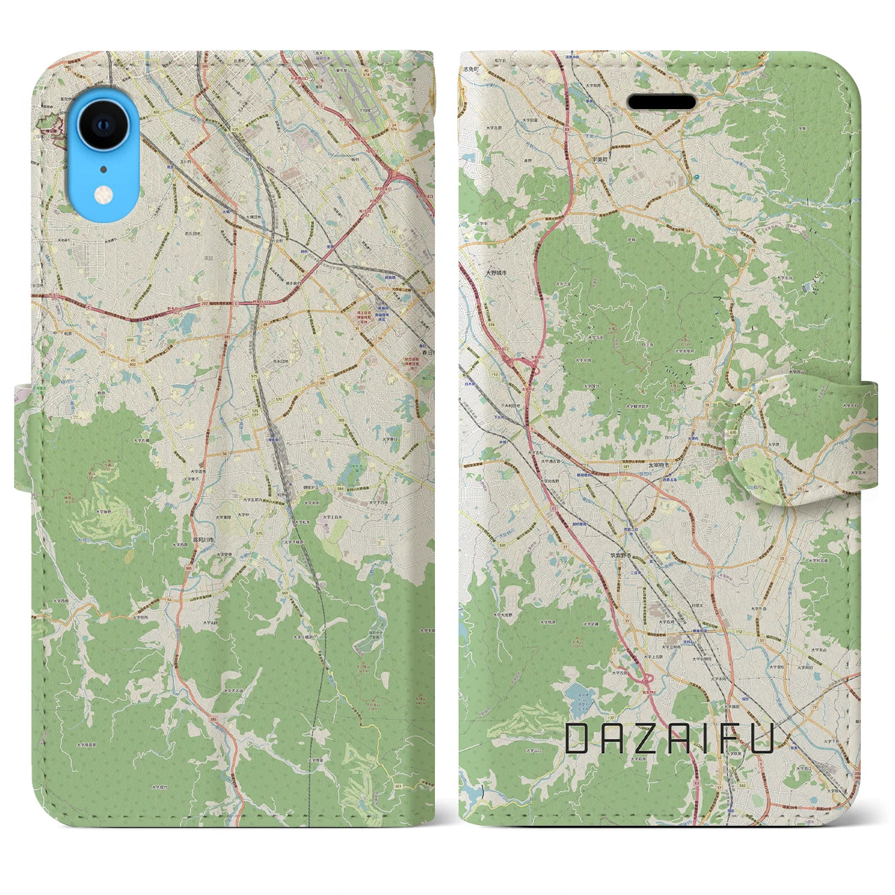 【太宰府】地図柄iPhoneケース（手帳両面タイプ・ナチュラル）iPhone XR 用