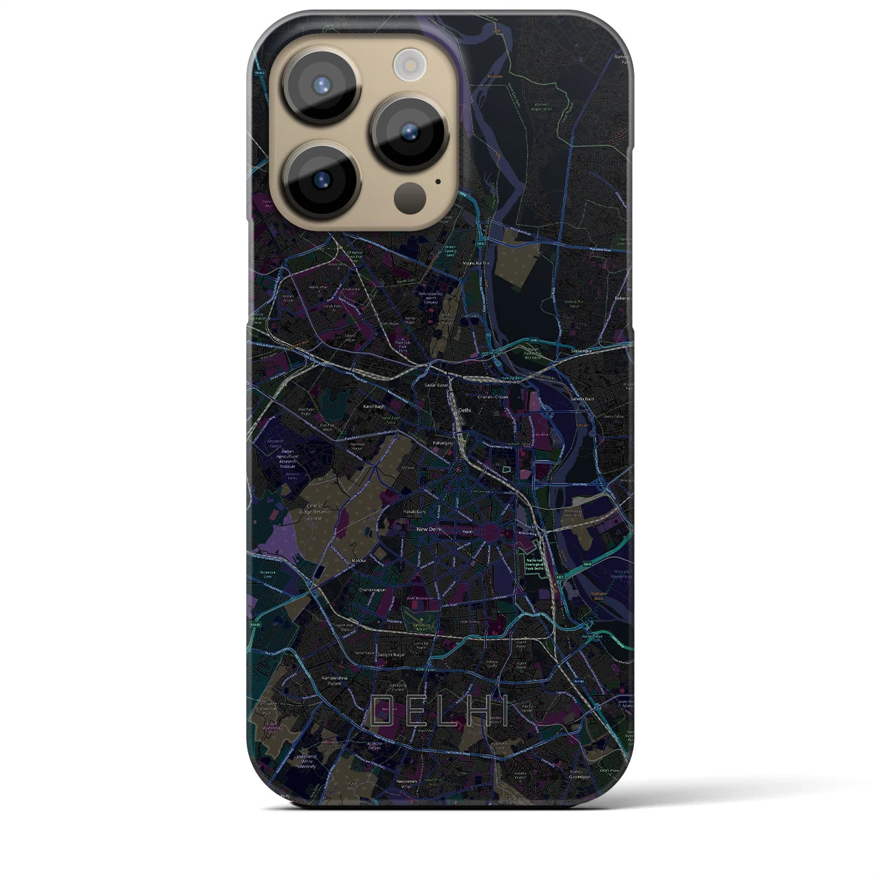 【デリー】地図柄iPhoneケース（バックカバータイプ・ブラック）iPhone 14 Pro Max 用