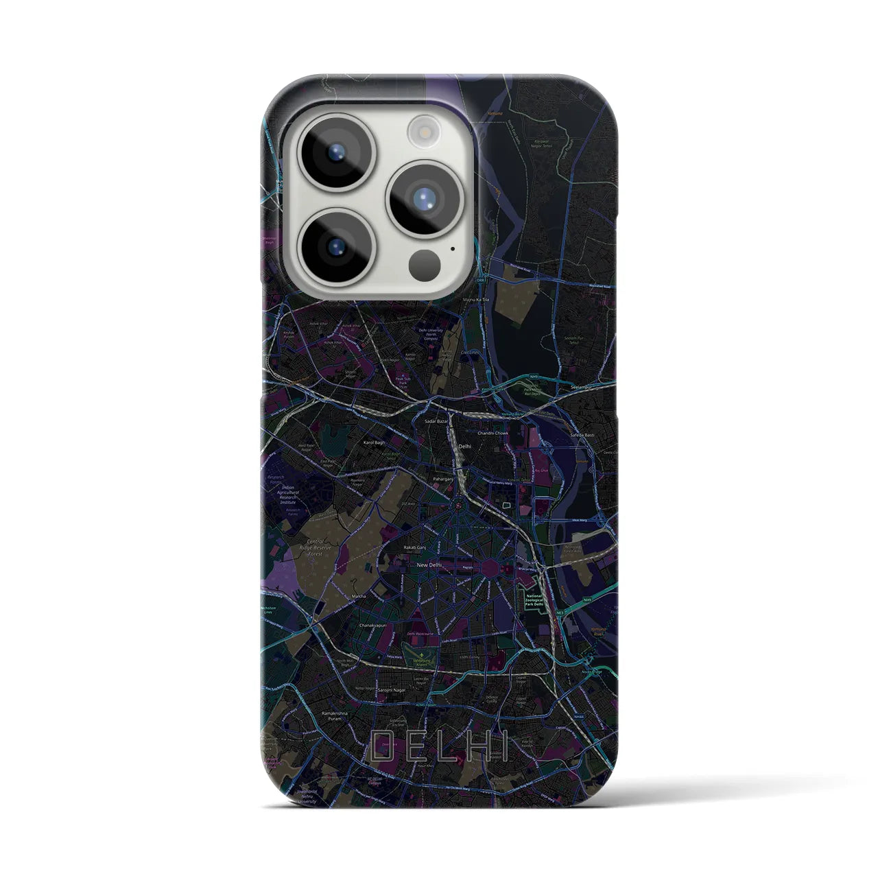 【デリー】地図柄iPhoneケース（バックカバータイプ・ブラック）iPhone 15 Pro 用