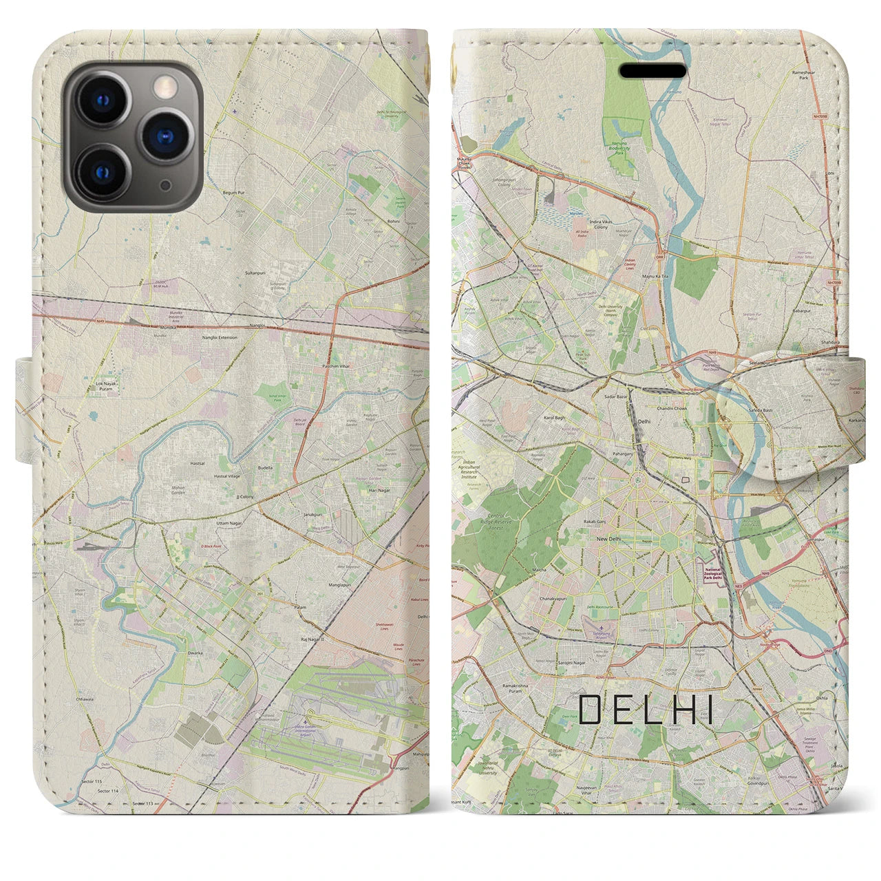 【デリー】地図柄iPhoneケース（手帳両面タイプ・ナチュラル）iPhone 11 Pro Max 用